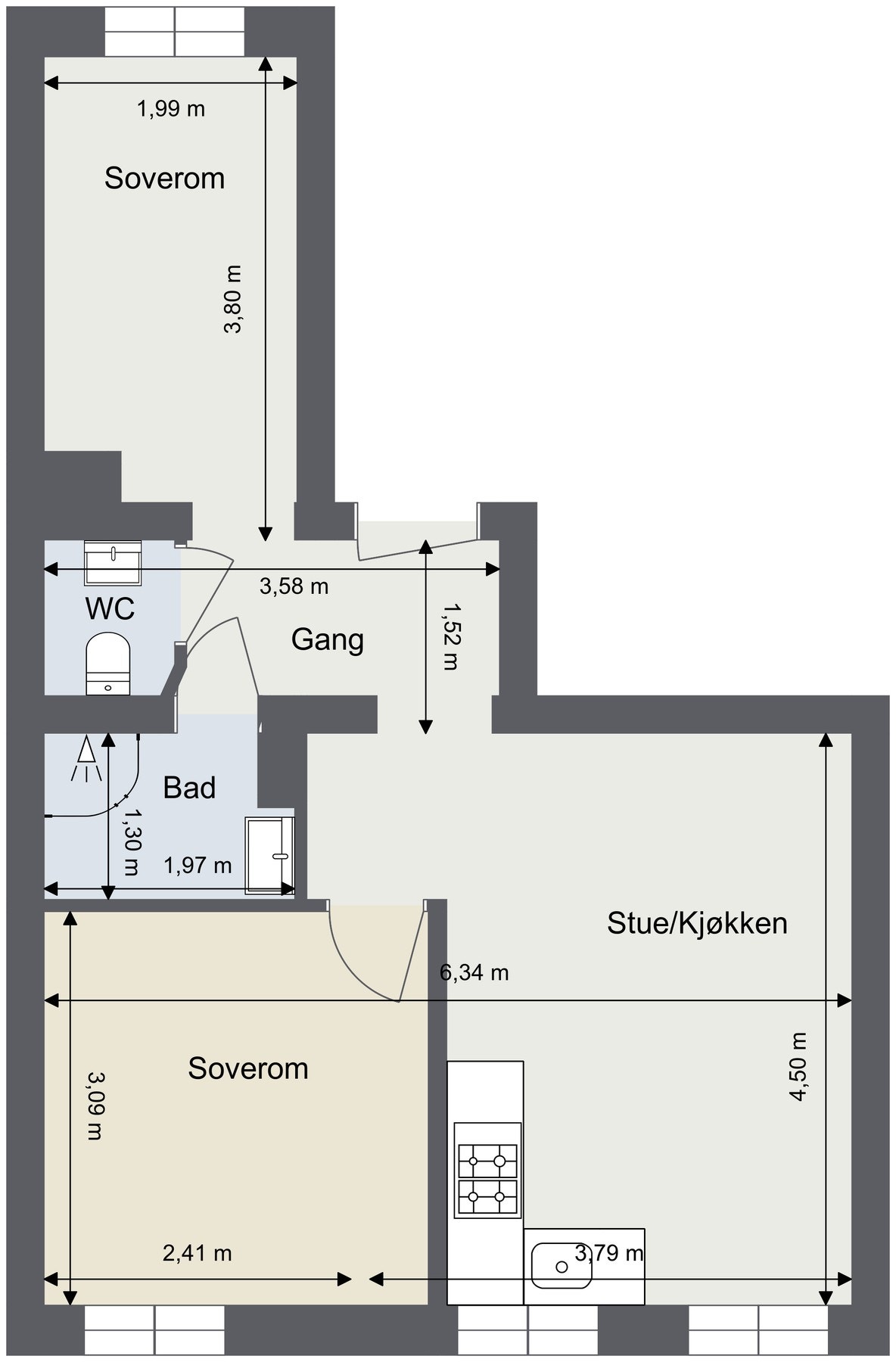Alternativ planløsning med åpen løsning og to soverom. Galleribilde