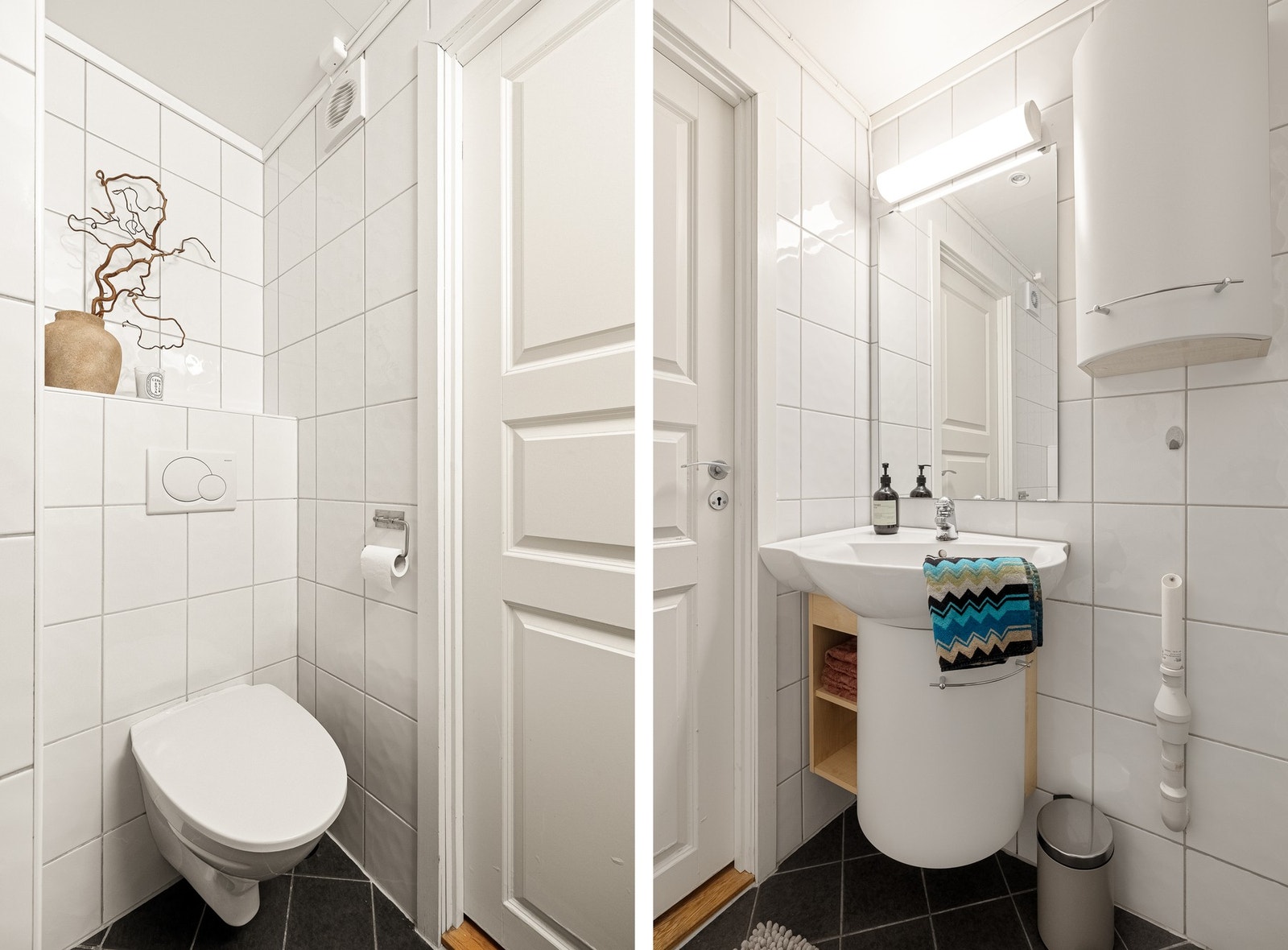 Badet måles til 2,6 kvm. og er helfliset med underliggende varmekabler og innfelte downlights i himling. Galleribilde