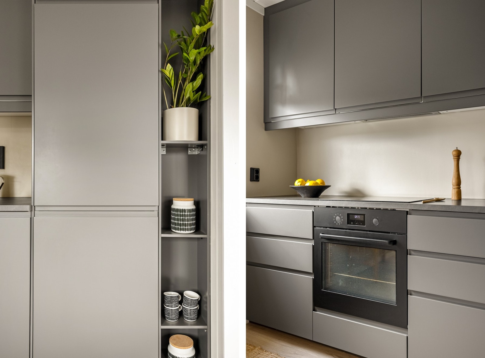 Det er utstyrt med følgende integrerte hvitevarer: Stekeovn, platetopp, ventilator, oppvaskmaskin og kjøleskap med frysedel. Galleribilde