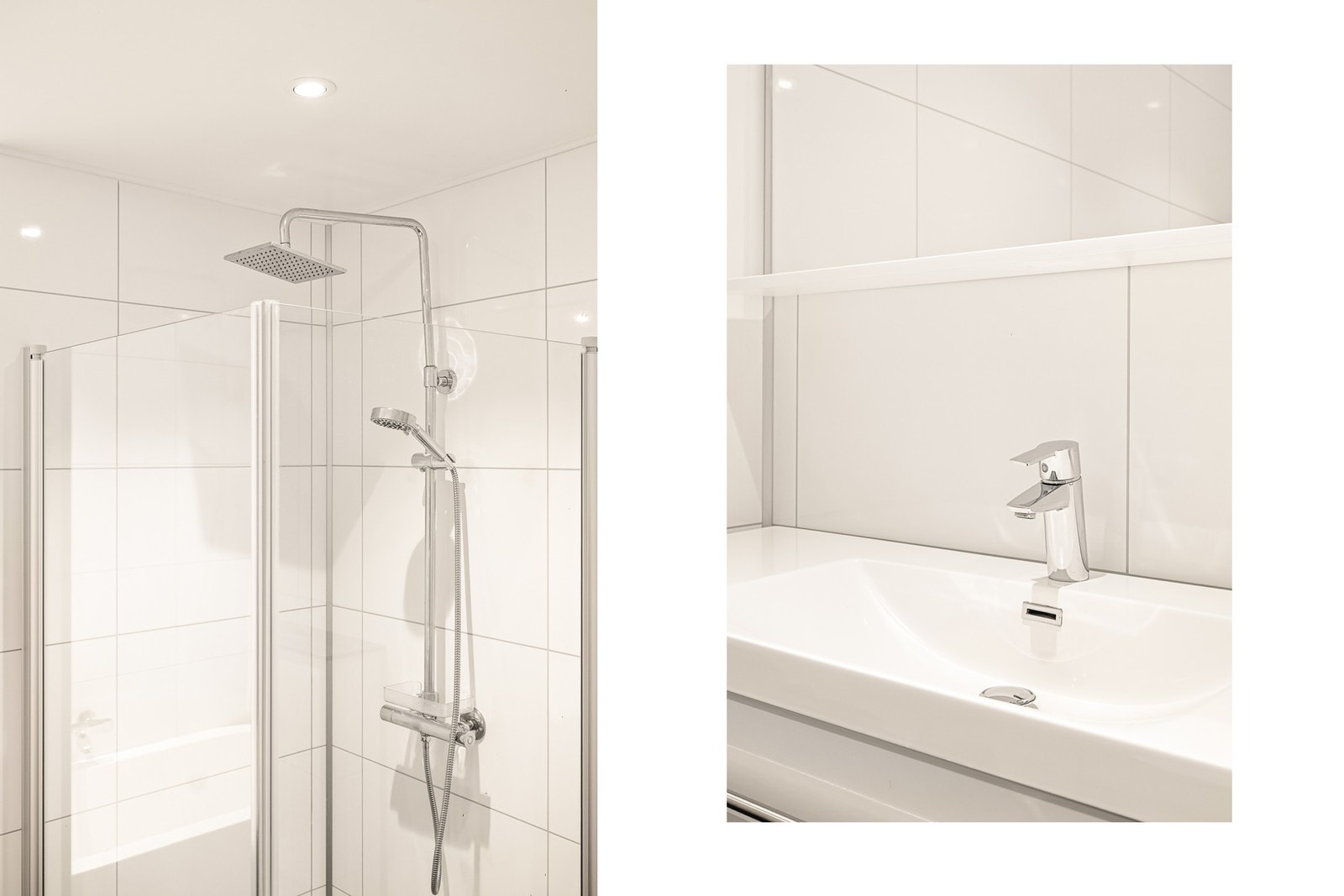 Utstyr: Foldedører i dusj, veggtoalett, badekar og baderomsinnredning med heldekkende servant samt belyst speil. Galleribilde