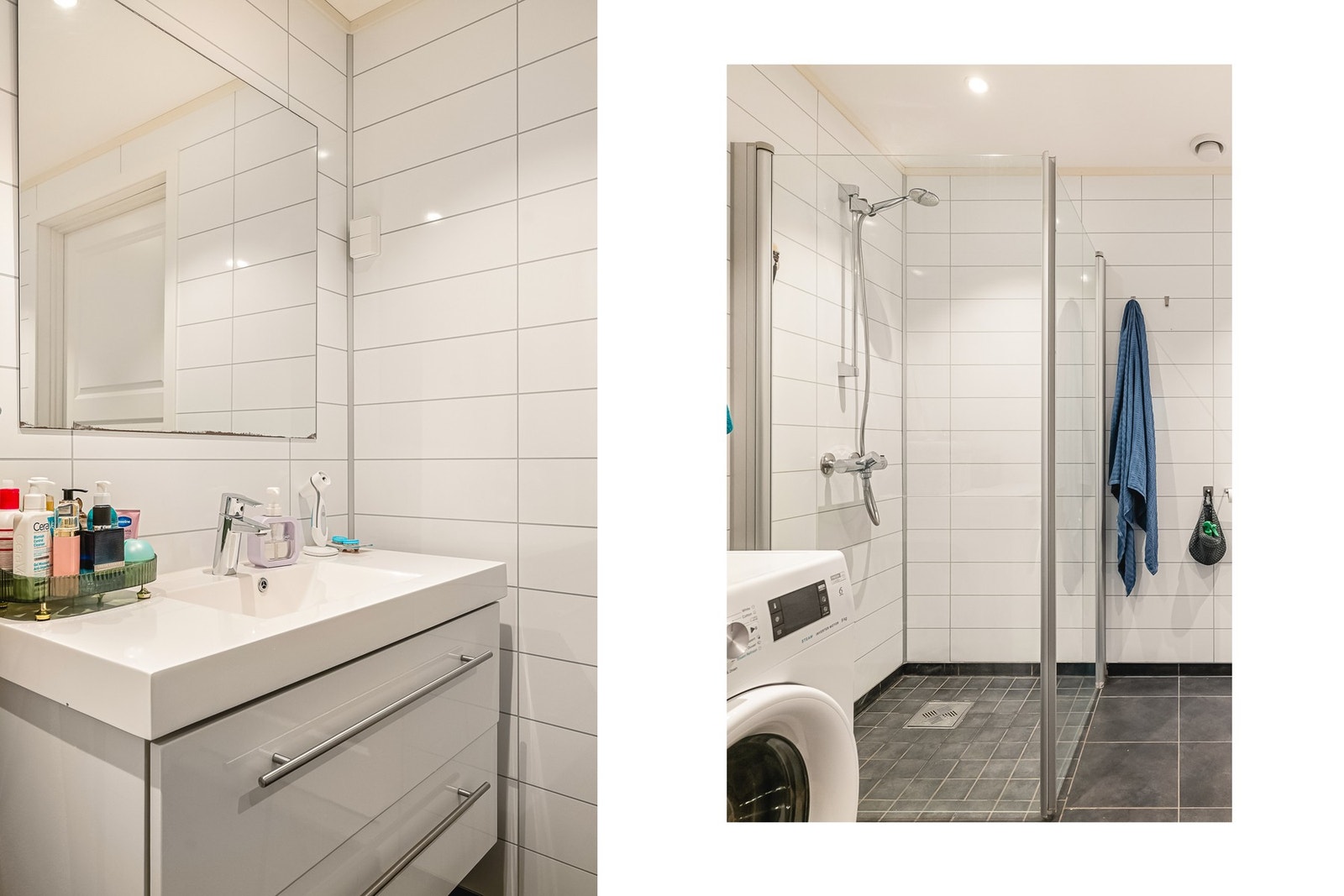 Utstyr: Foldedører i dusj, veggtoalett og baderomsinnredning med heldekkende servant samt belyst speil. Galleribilde