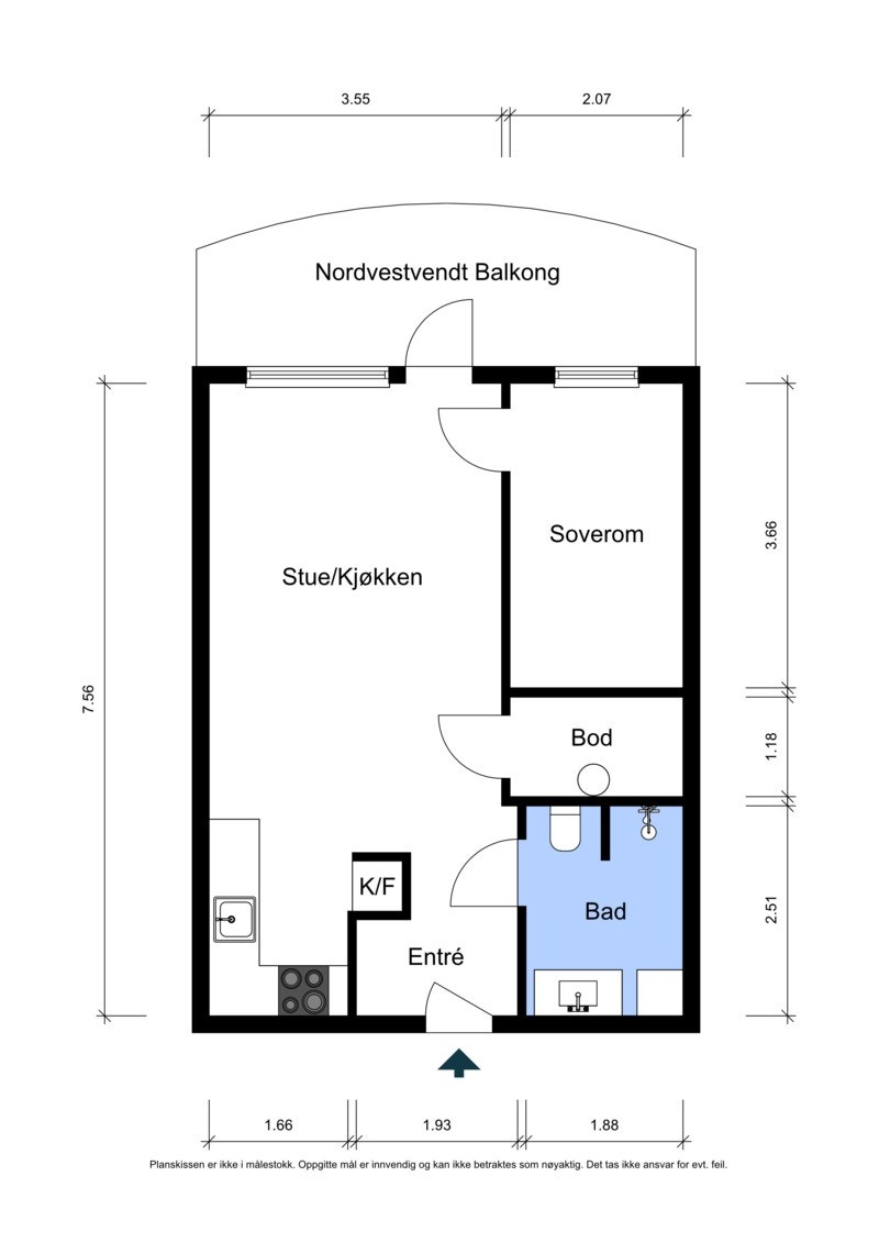 Leiligheten har en arealeffektiv planløsning med åpen stue- og kjøkkenløsning og utgang til en nordvestvendt balkong. Galleribilde