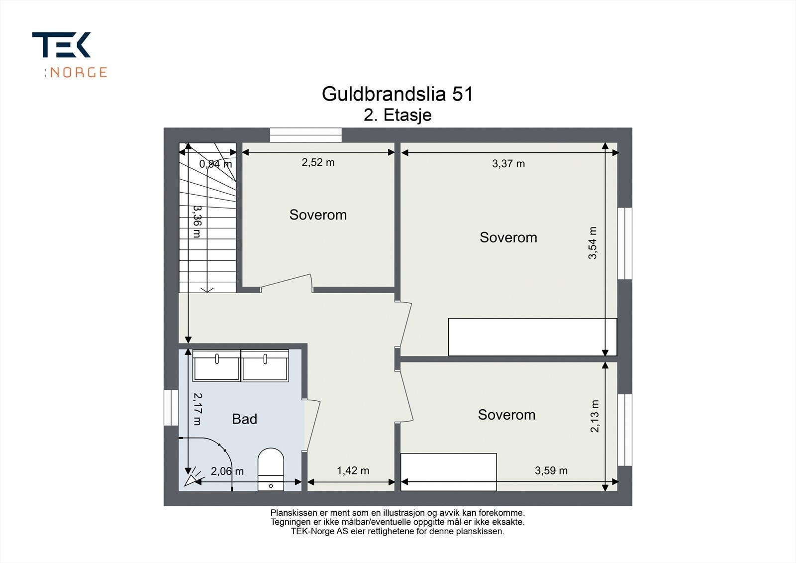 Andre etasje inneholder boligens private sone med tre soverom og et pent, flislagt bad. Galleribilde