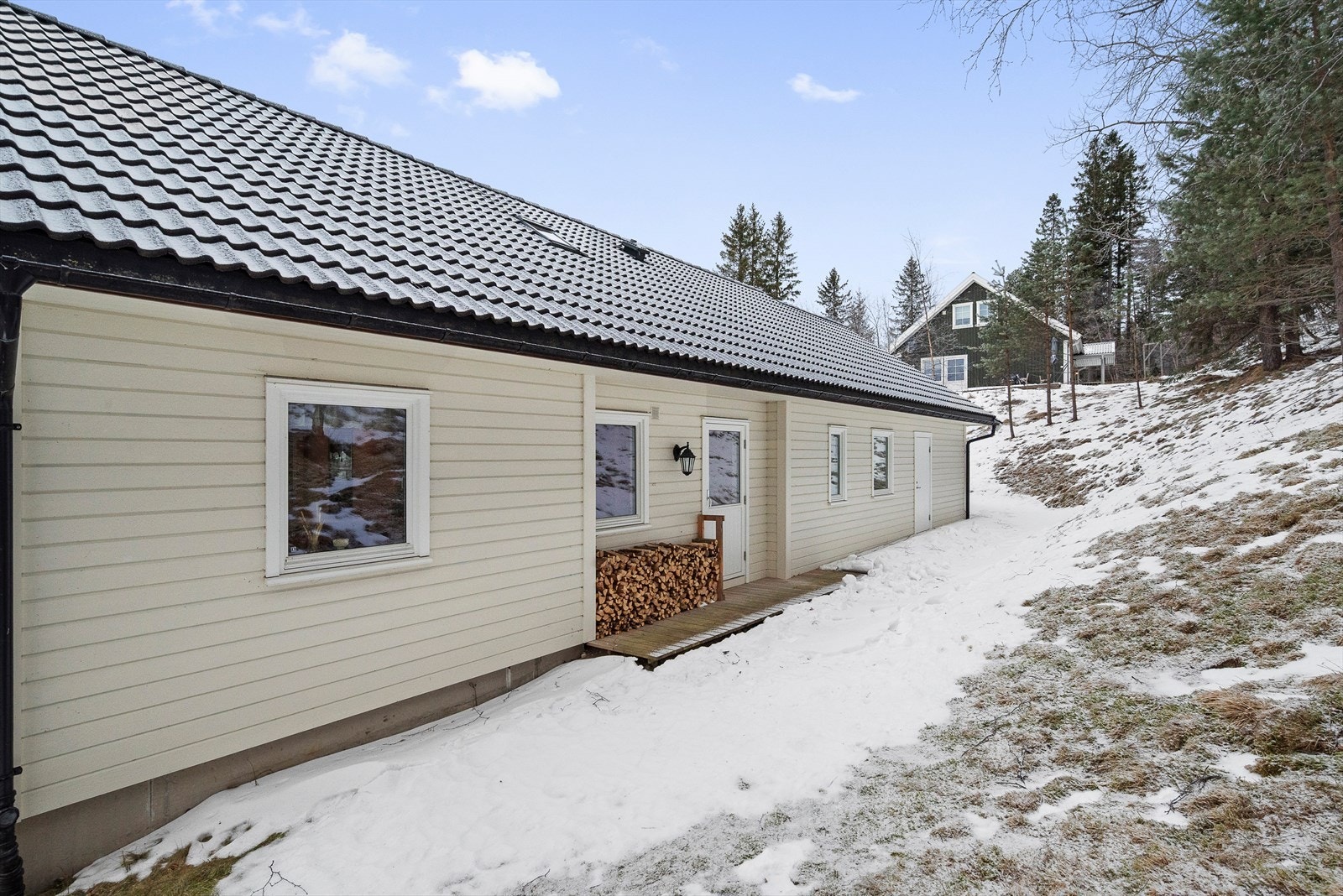 Baksiden av huset har adgangsmulighet til vaskerom og den integrert garasjen. Ut over dette er det bygd en gangplatt i impregnert trevirke fra frittstående garasje og hele veien rundt til baksiden av huset. Galleribilde