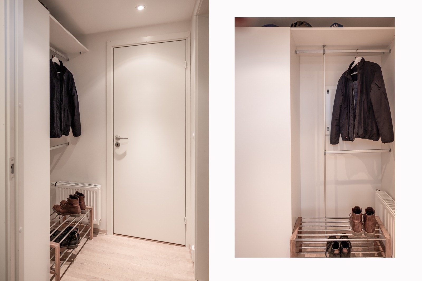 Adkomst inn i leiligheten fra svalgang i 4. etasje. Garderobeskap og oppheng er etablert. Galleribilde