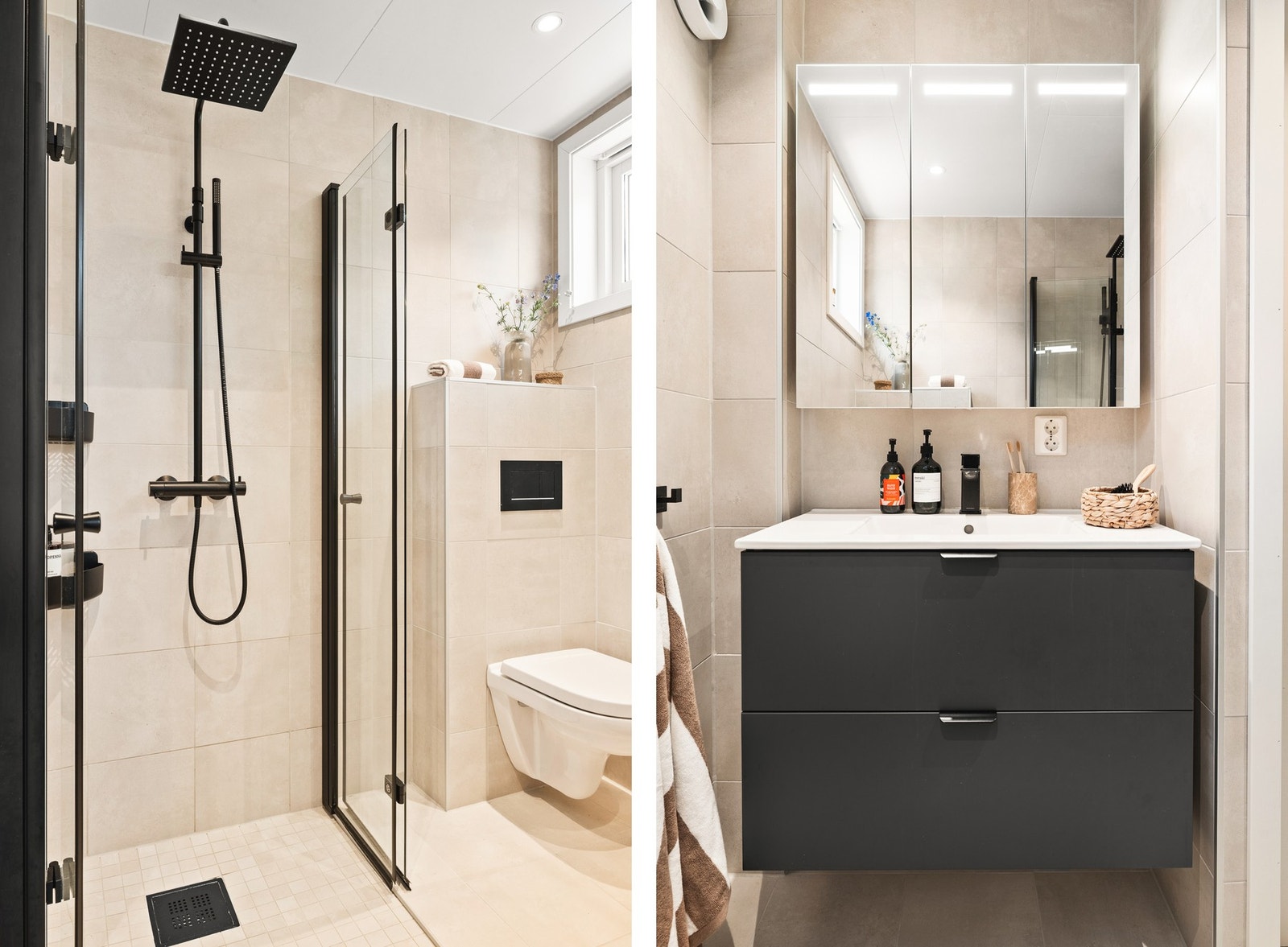 Helfliset bad på 3 kvm med regnfallsdusj, vegghengt toalett, servant med underskap, speilskap med lys og varmekabler i gulv. Galleribilde