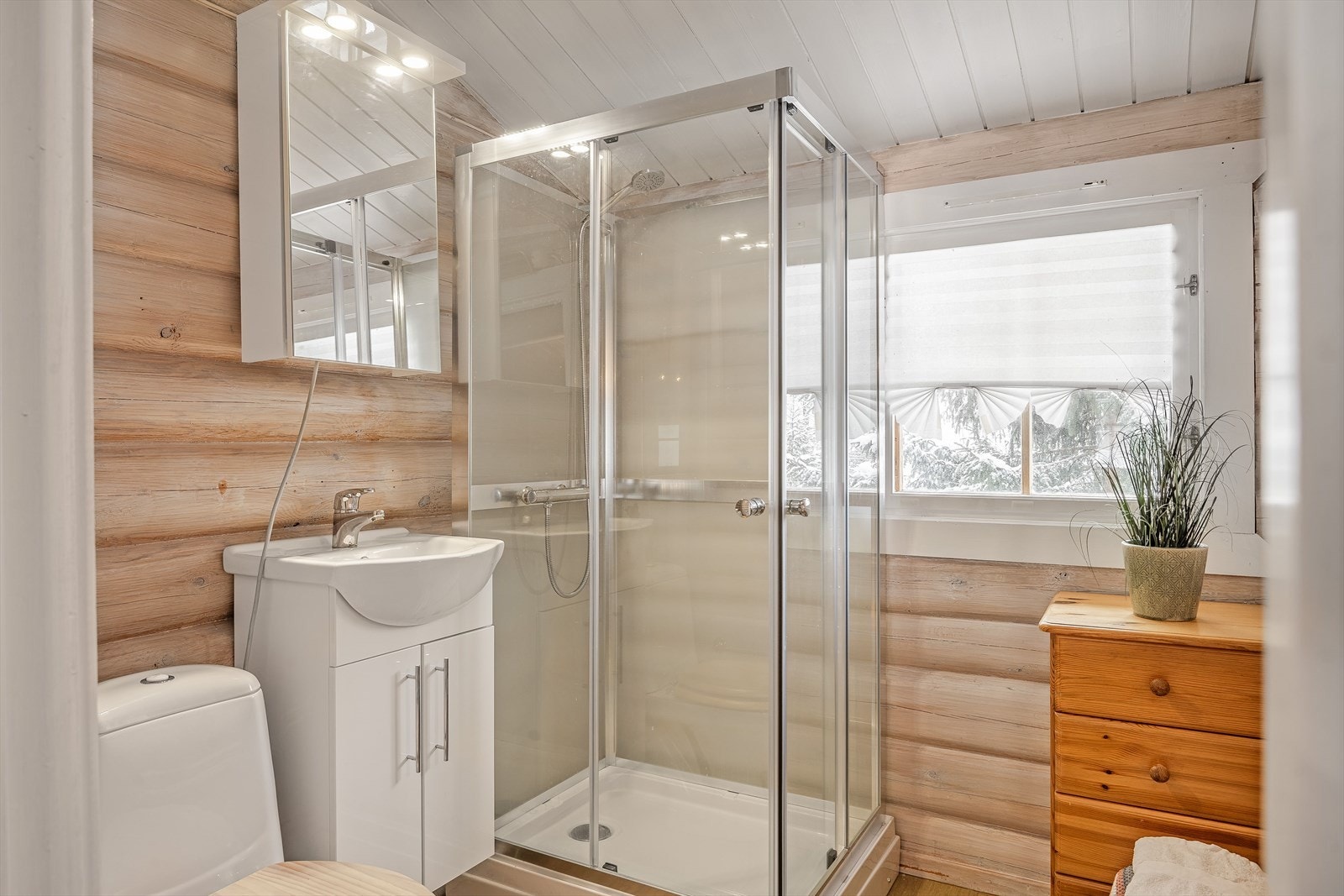 Baderommet er utstyrt med servantskap med speil og belysning over, dusjkbainett og gulvstående toalett. Galleribilde