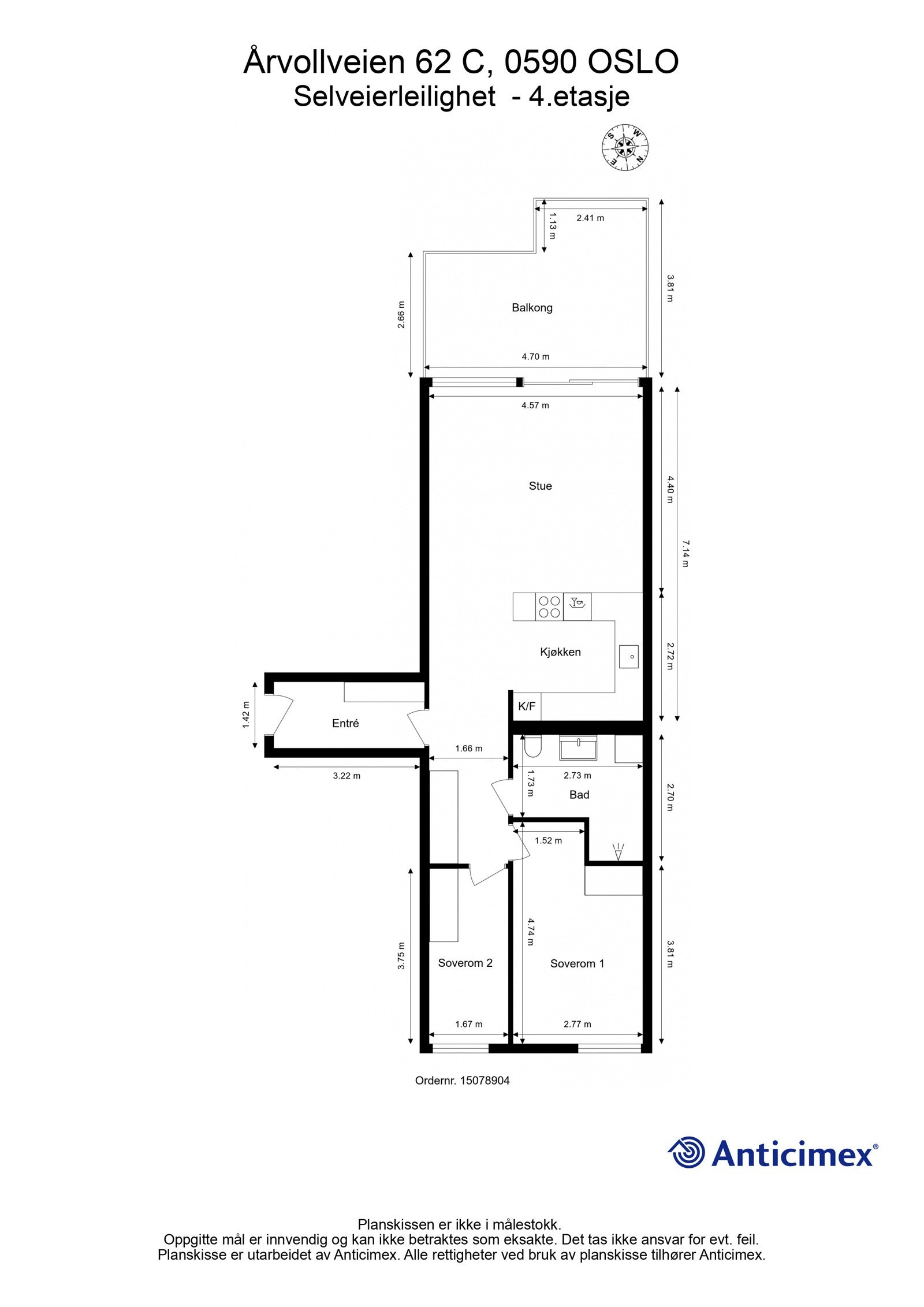 - Plantegning med mål Årvollveien 62 C_4. etasje - Galleribilde