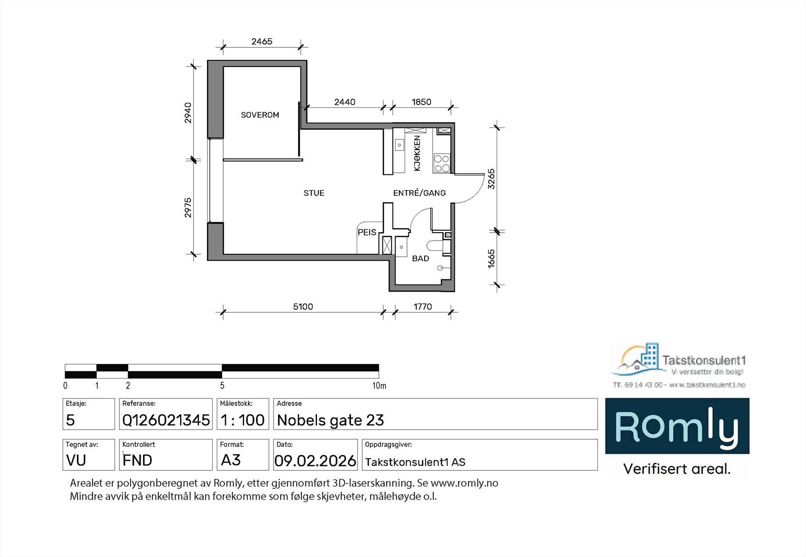 Plantegning. 5. etasje med heis. Soverom med garderobe, stue med plass til både sittegruppe og spiseplass, samt komplett kjøkken og bad Galleribilde