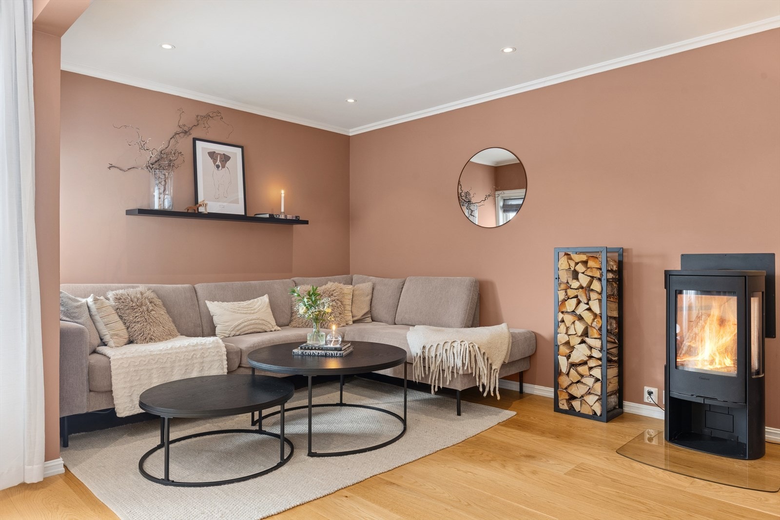 Naturlig sone for TV-stue, vedovn og pipeløp fra 2024. Galleribilde