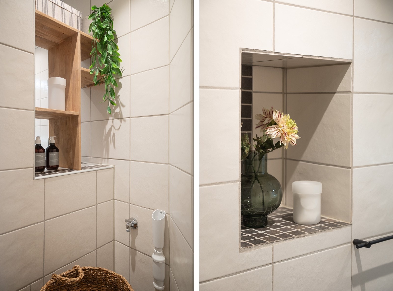 Praktiske nisjer og åpne hyller som gir både dekorativ oppbevaring og et stilrent uttrykk Galleribilde