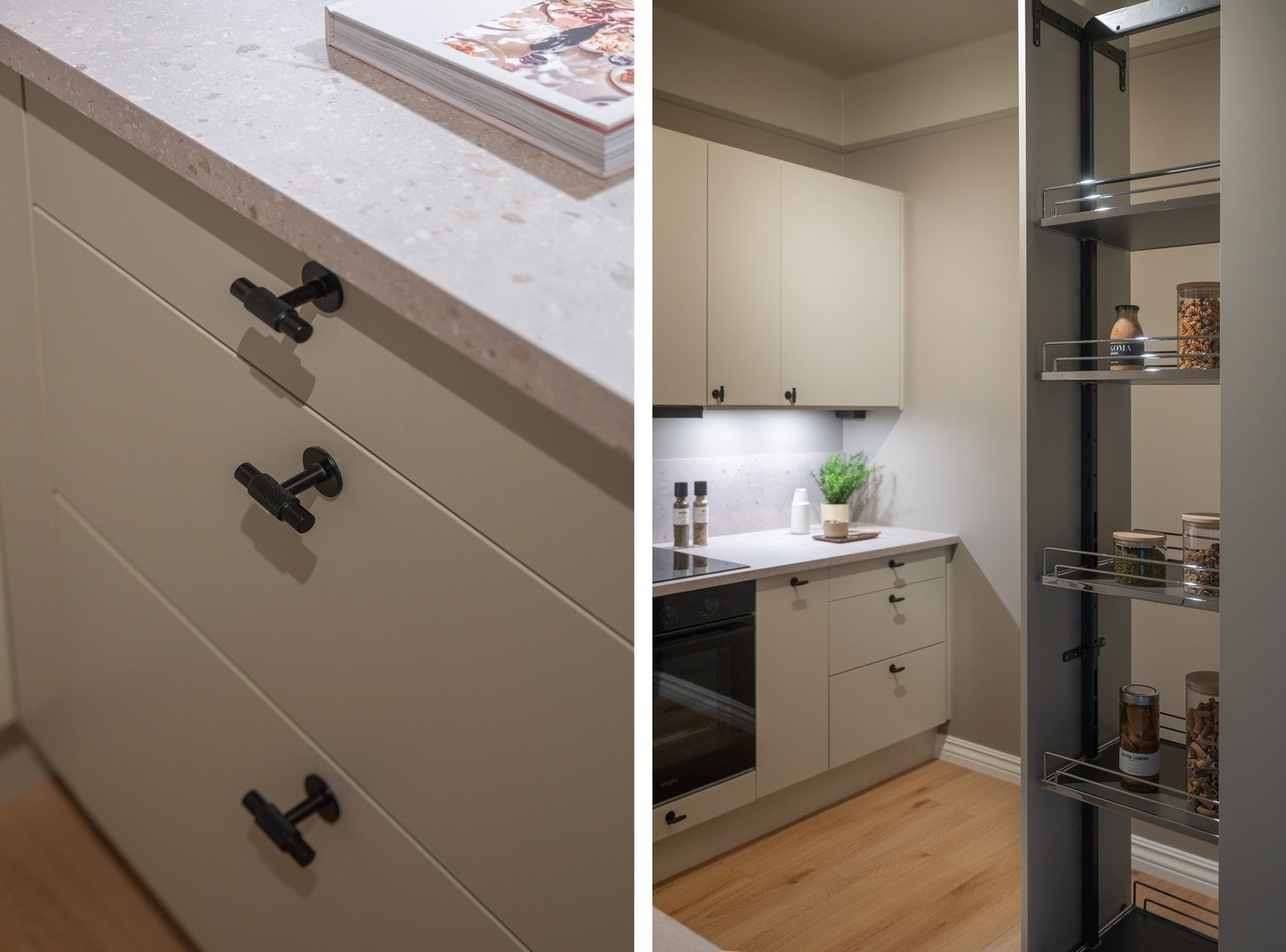 Innredning med integrerte hvitevarer fra 2025 som kjøl/fryseskap, oppvaskmaskin, komfyr, induksjonstopp, vannstoppsystem og komfyrvakt Galleribilde