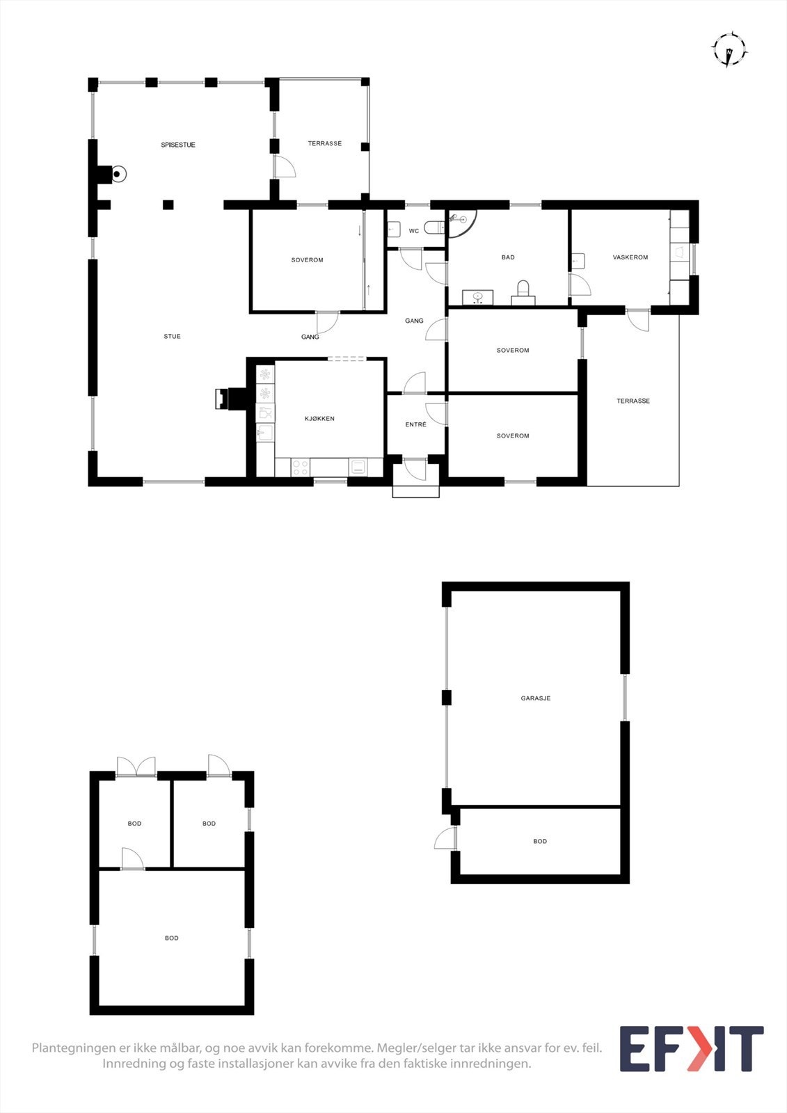 Eneboligen har en praktisk planløsning på ett plan med tre soverom, romslig stue og separat kjøkken. Galleribilde