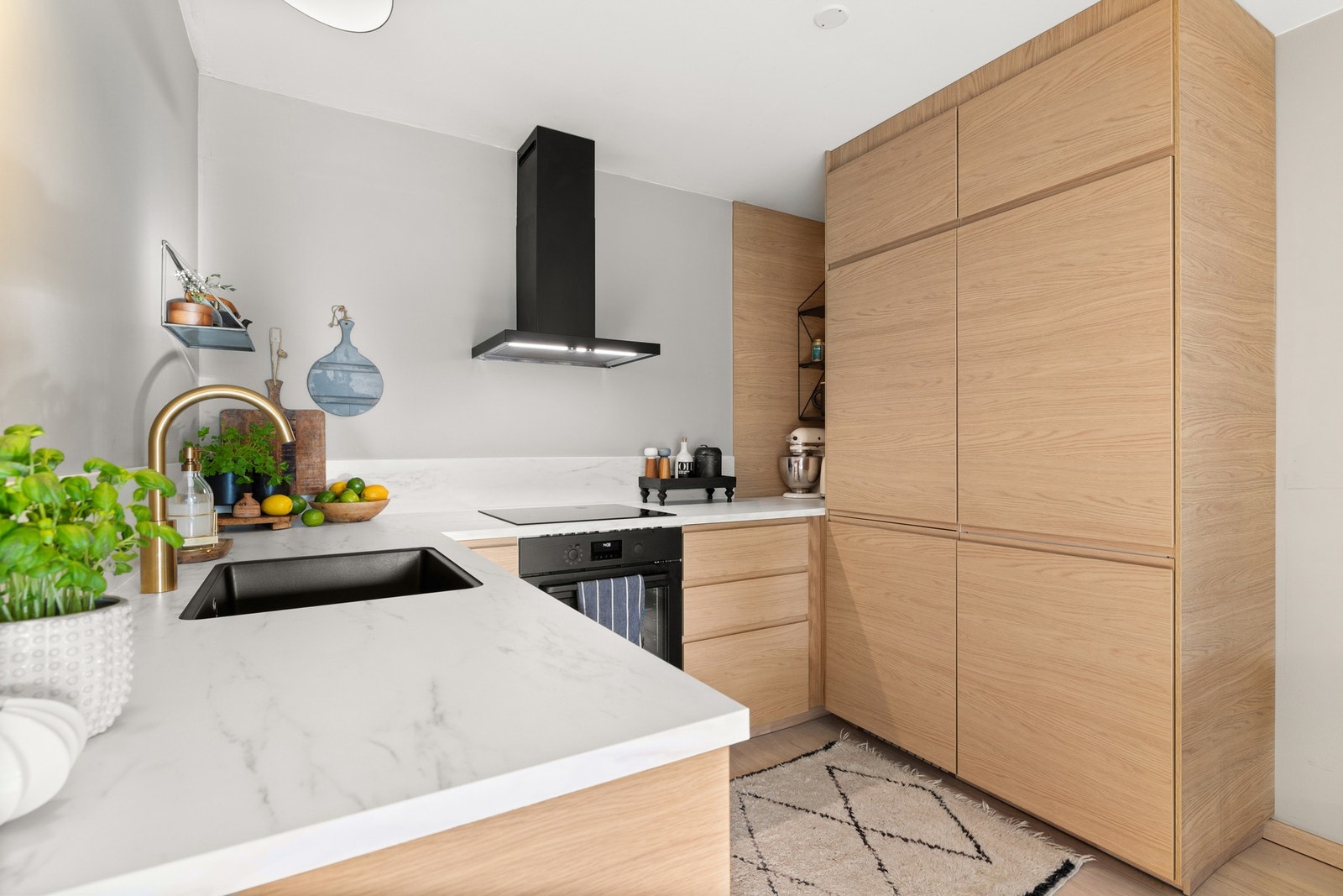 Integrerte hvitevarer inkluderer blant annet induksjonstopp, stekeovn, oppvaskmaskin og kjøle-/fryseskap Galleribilde