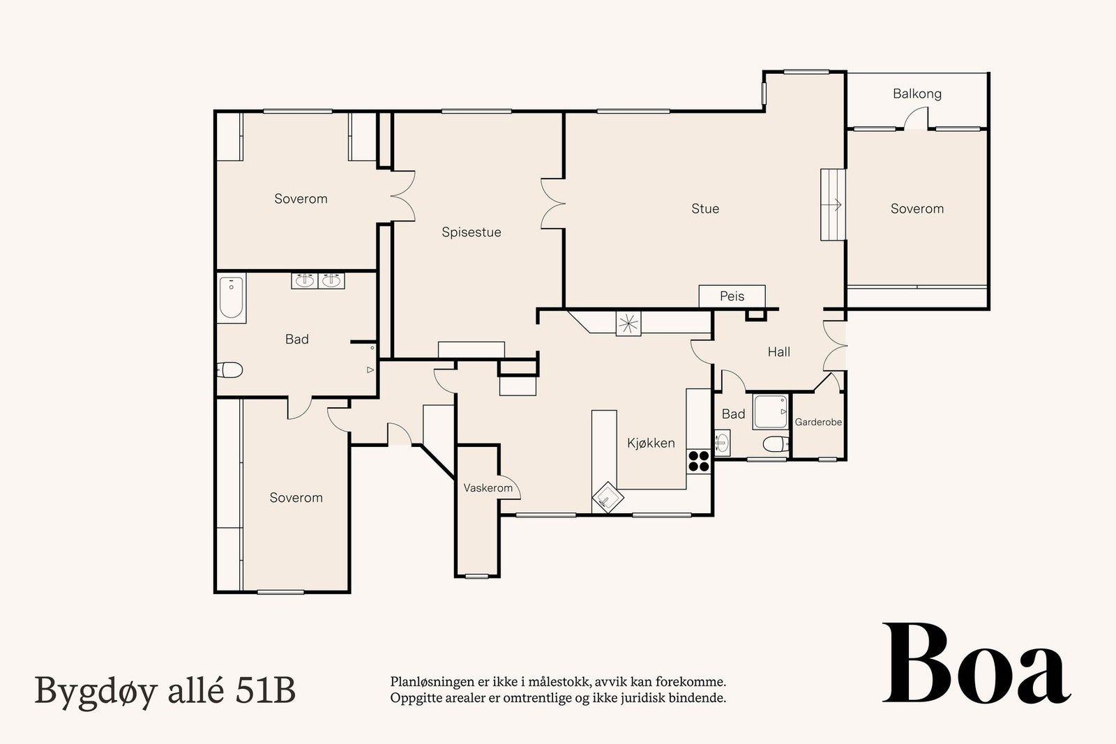 Leiligheten har en gjennomtenkt planløsning på 187 m² med entré, stue, spisestue, kjøkken, tre soverom, vaskerom, bad og hovedbad samt balkong på 4 m². Galleribilde
