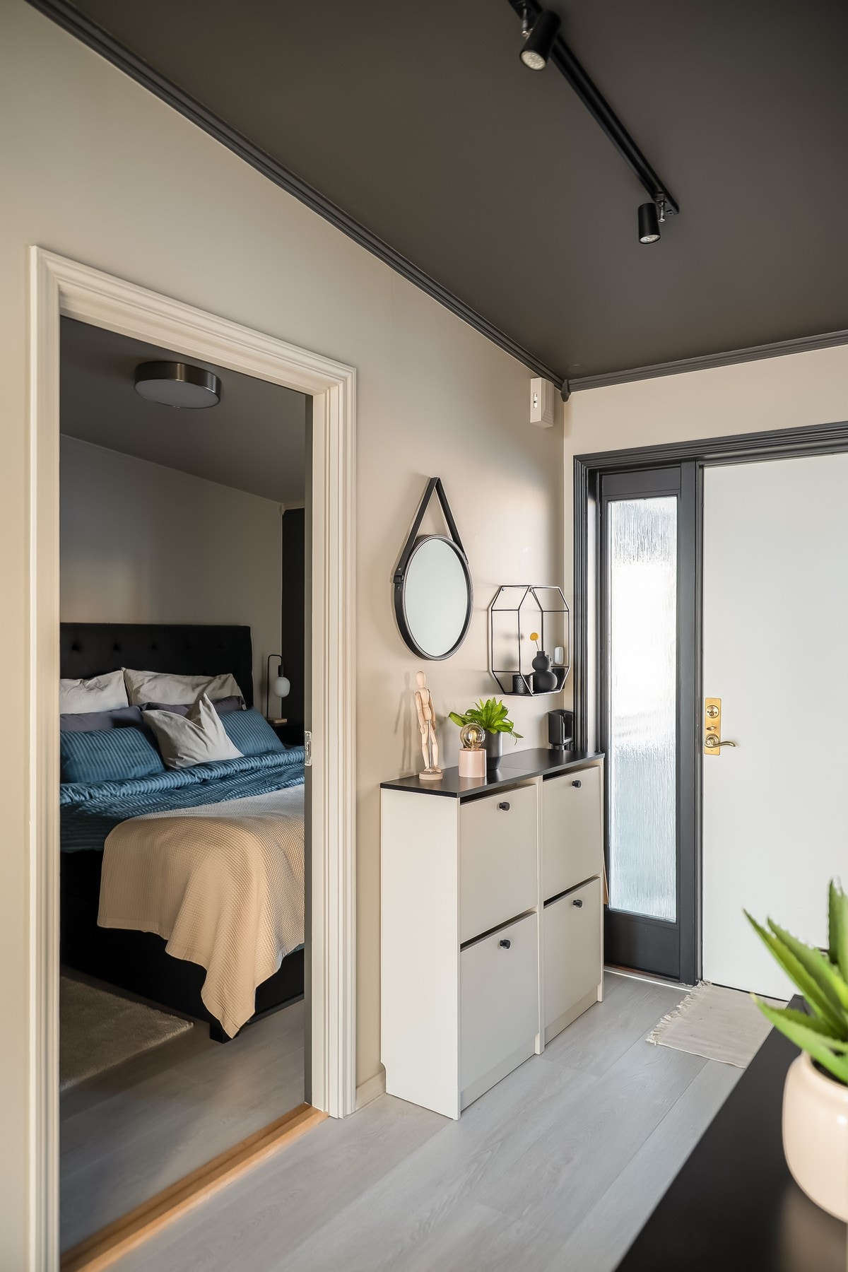 Entre med et areal på 8,5 kvm, spotskinne med dimming og nymalte tak og vegger fra 2024. Galleribilde