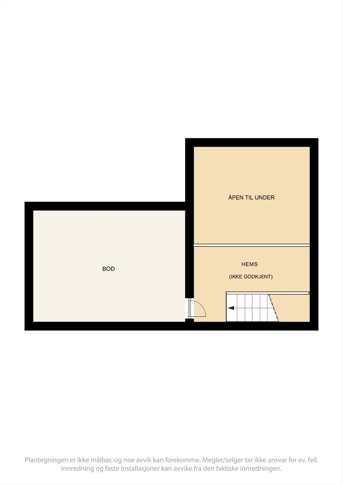 Plantegning hems. Hemsen har et gulvareal på 10 m² med bod og et innredet rom med lav takhøyde. Galleribilde