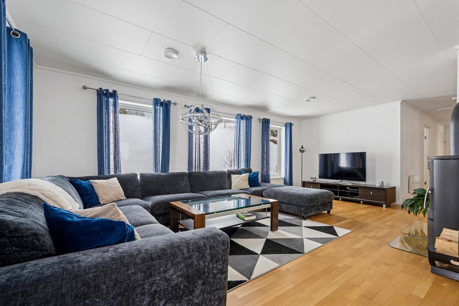 Rommet har god plass til en stor sofagruppe. Galleribilde