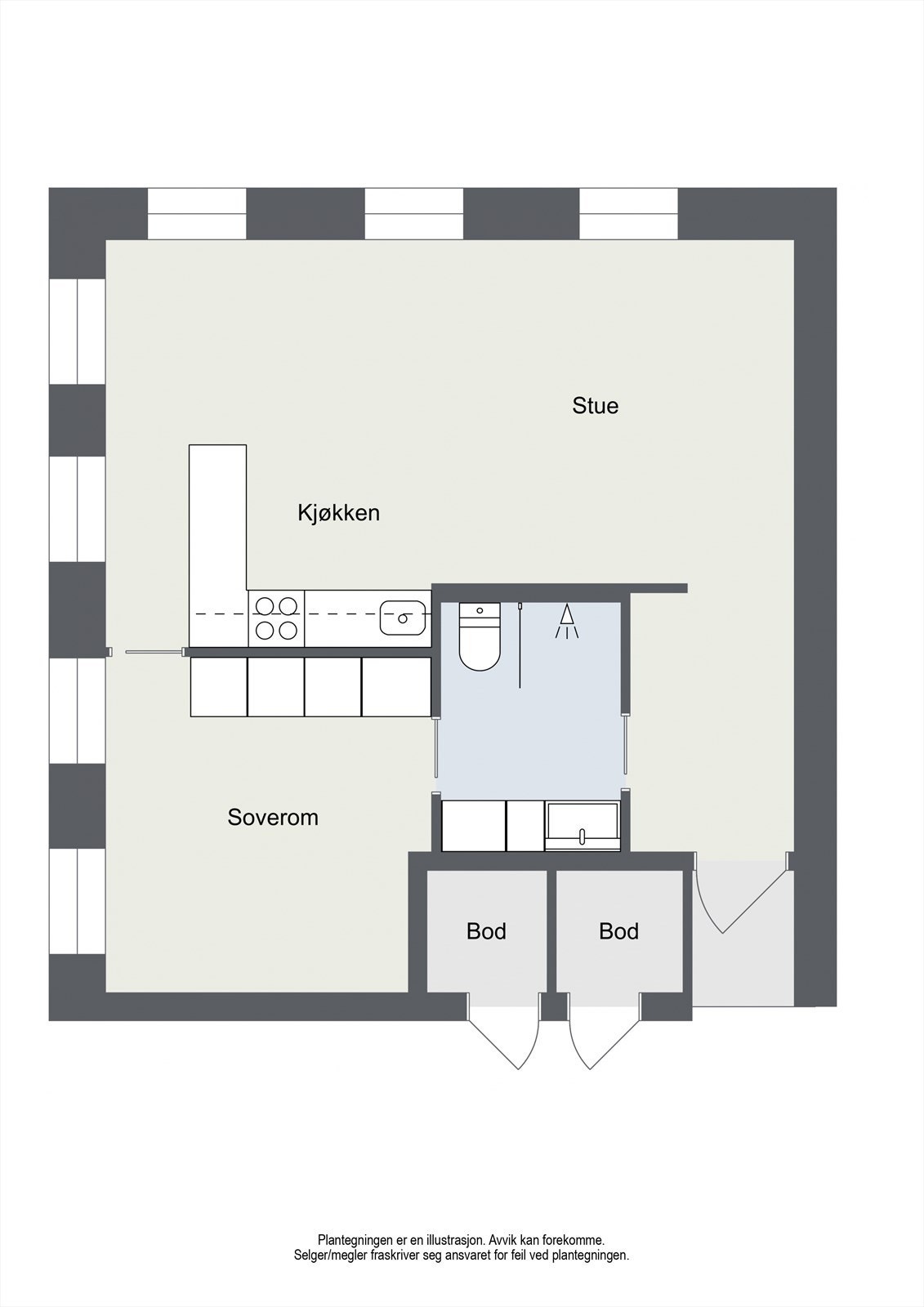Planskisse. Det medfølger en egen utvendig bod med gulvflate på ca. 2 m², samt liten bod i fellesgang, vist på planskissen. Galleribilde