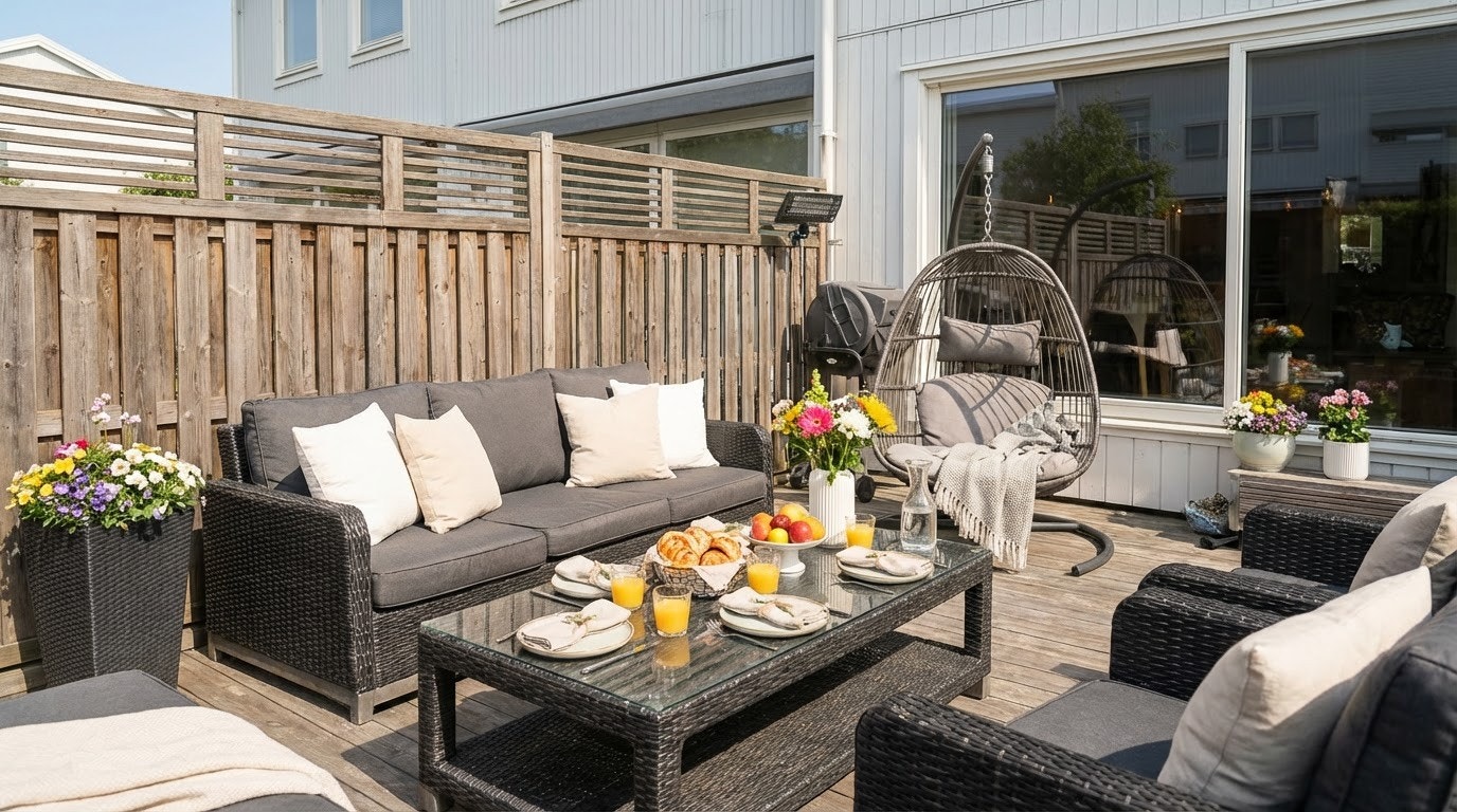 Bildet er ment til å illustrere uteområdet på baksiden sommerstid. Bildet er redigert ved hjelp av AI. Galleribilde