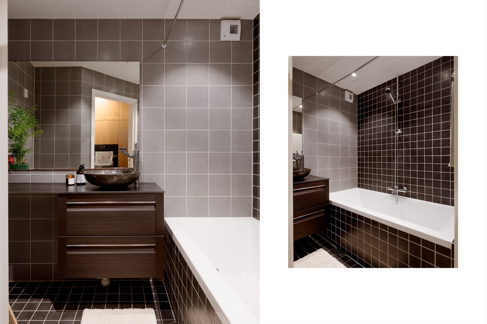 Badet ble pusset opp av borettslaget i 2017 og står i kontrast til leiligheten med sorte overflater i moderne stil. Galleribilde