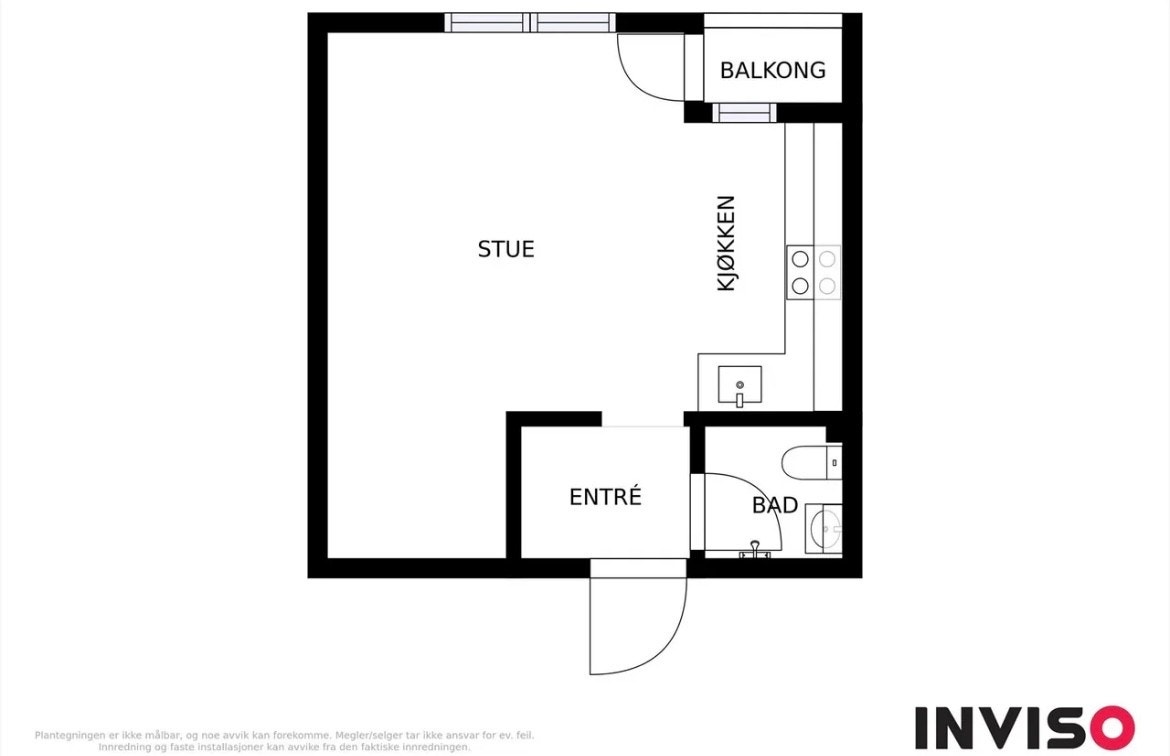 Leiligheten har en arealeffektiv planløsning på 28 m² som omfatter entré, bad, og stue med åpen kjøkkenløsning. Galleribilde