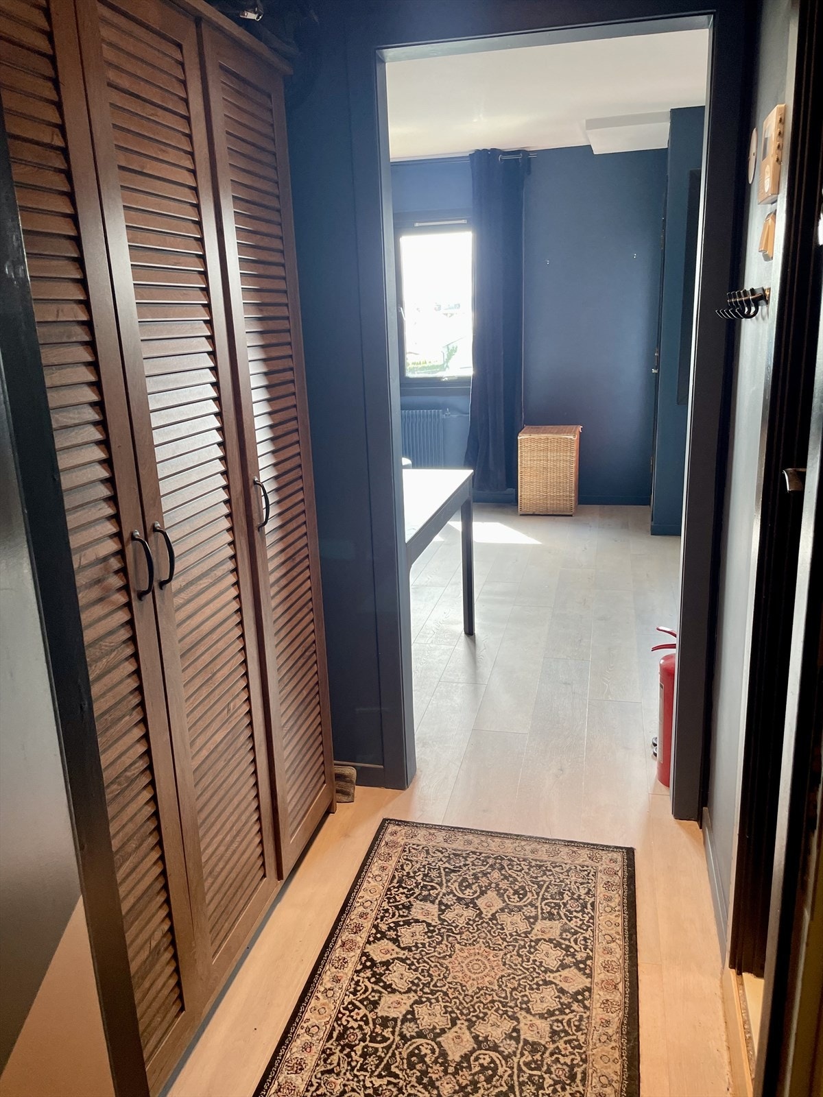 Velkommen inn i en entré med plass til oppbevaring, som leder videre til leilighetens hovedrom. Galleribilde