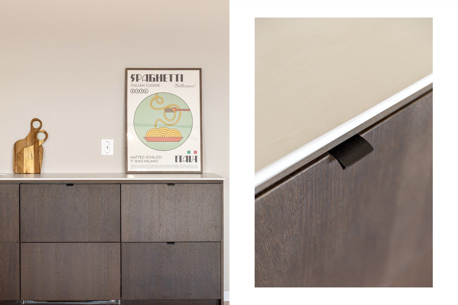 Fargevalg og materialer er nøye gjennomtenkt og harmonerer godt med resten av leilighetens interiør Galleribilde