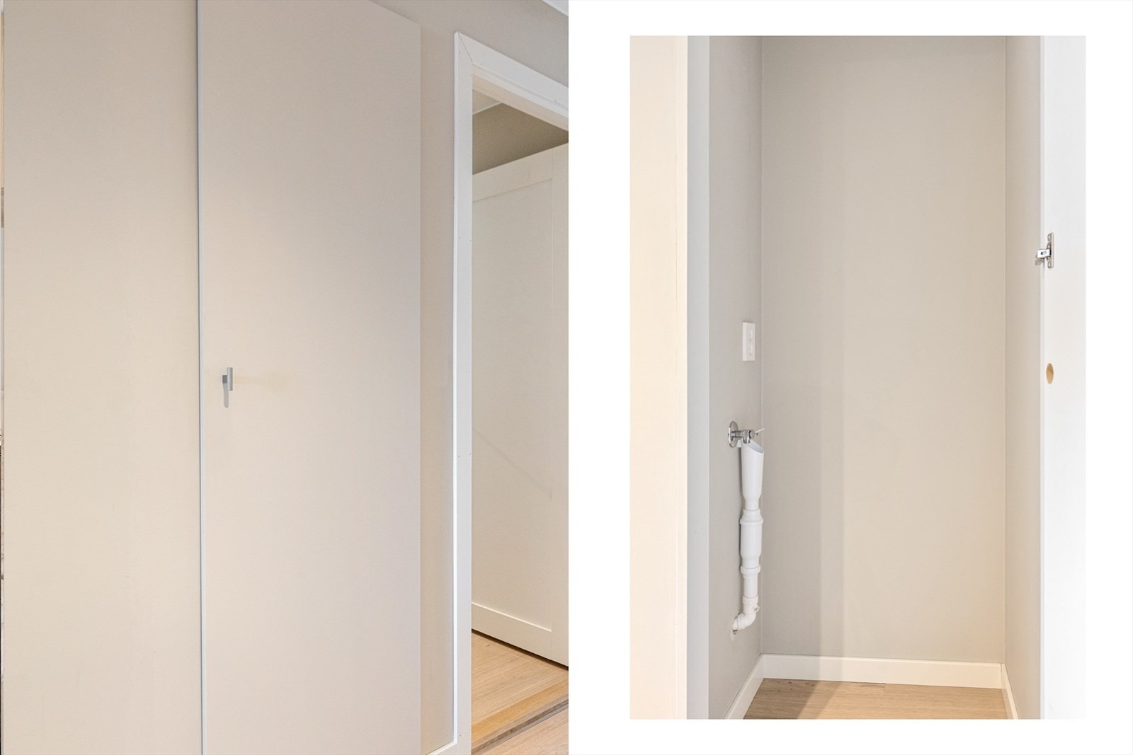 Praktisk nisje med opplegg for vaskemaskin er smart integrert i entreen. Denne kan også innredes med tilpassede løsninger for ytterligere oppbevaring, avhengig av behov Galleribilde