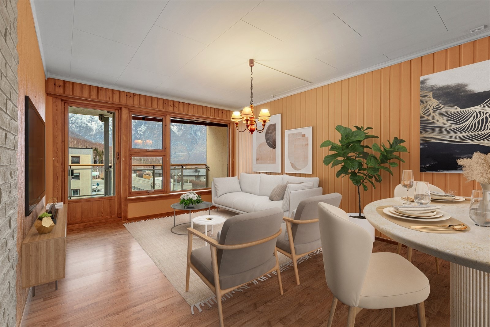 Stova gir plass til spisebord og sofagruppe. Galleribilde