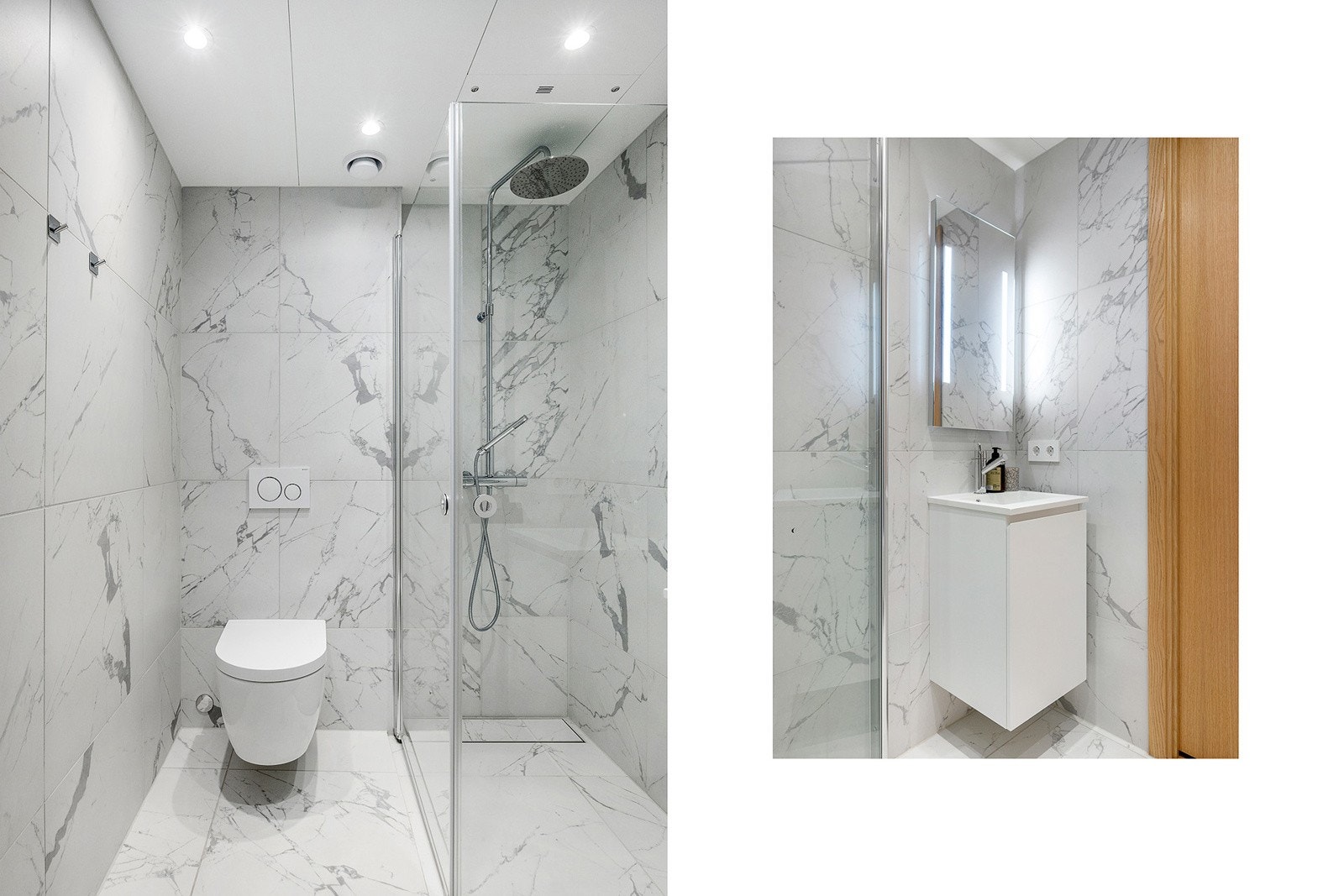 Tilknyttet hovedsoverommet er det privat baderom med delikate storformat fliser og downlights i himling. Galleribilde