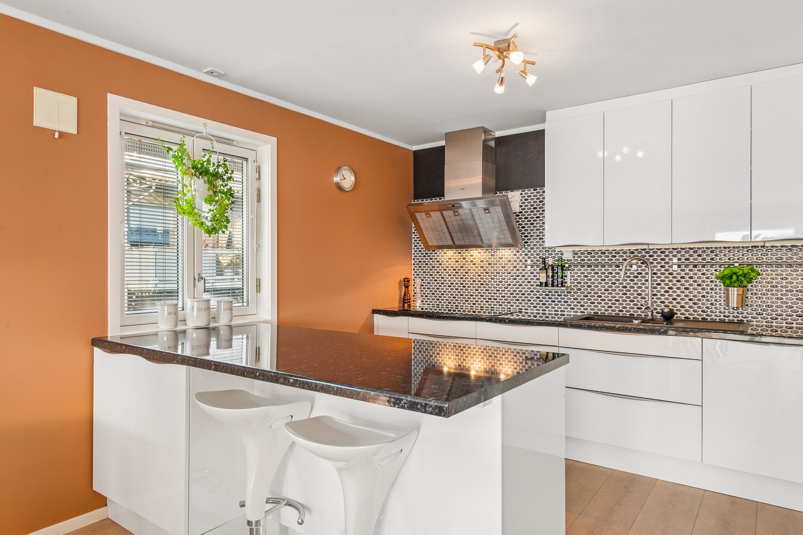 Praktisk og godt arbeidskjøkken med stekeovn i benkehøyde og kjøkkenøy. Galleribilde