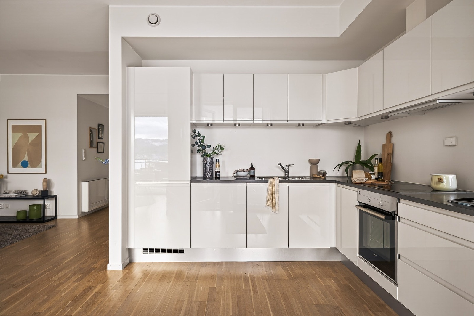 God skap- og benkeplass, samt induksjonstopp, stekeovn, oppvaskmaskin og kjøleskap med frysedel integrert i innredningen Galleribilde