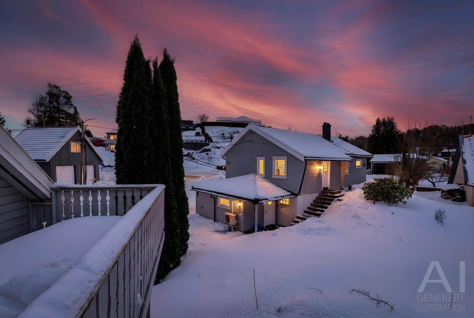 Stor og pent opparbeidet tomt på 957 m². Ved trappearrangementet opp mot inngangspartiet er det lagt belegningsstein som strekker seg videre ut mot terrassen. Galleribilde