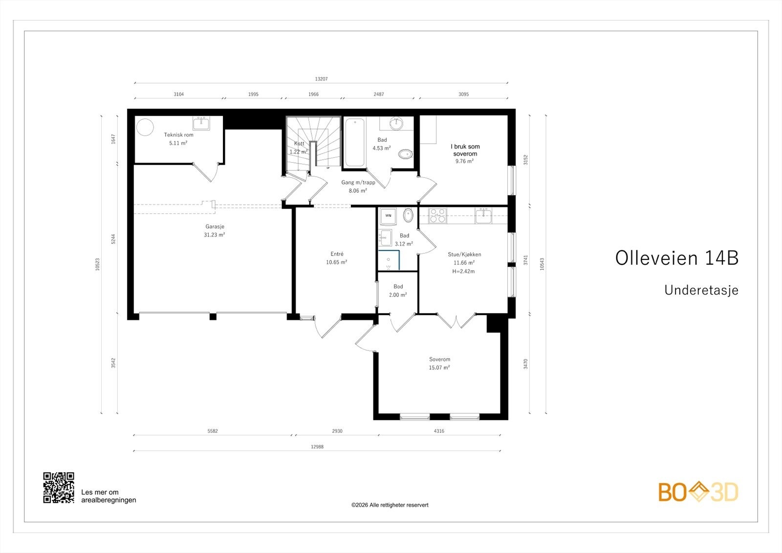 Alternativ plantegning for underetasjen. Her med separat hybel i kjelleren, som det ble tilrettelagt for allerede ved oppføringen av huset. Galleribilde