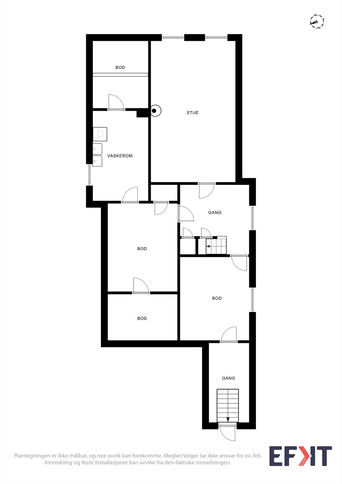 Kjelleretasjen inneholder et innredet rom, vaskerom og fem boder med rikelig lagringsplass. Galleribilde