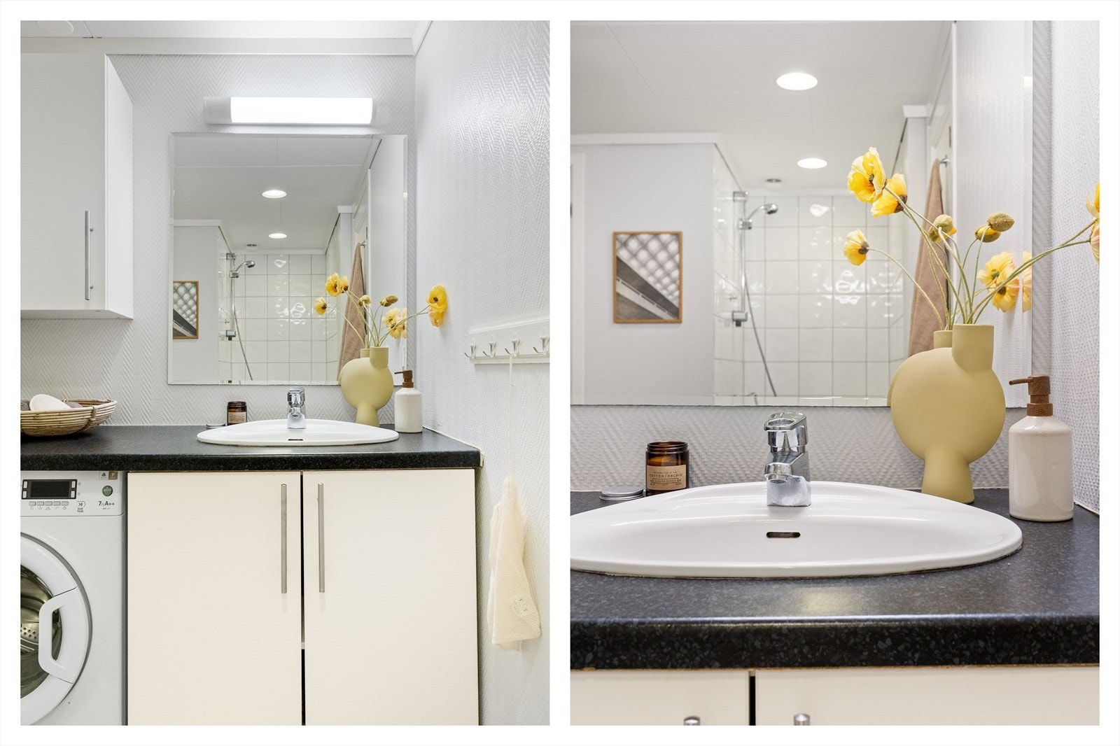 Badet er innredet med dusj, servant med under og overskap samt opplegg for vaskemaskin Galleribilde