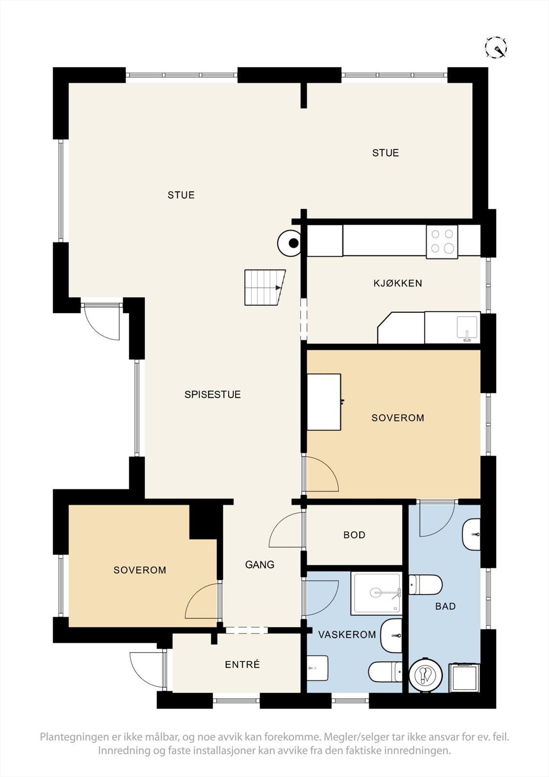 1. etasje har en arealeffektiv planløsning med åpen stue- og kjøkkenløsning, 2 soverom og bad og vaskerom. Galleribilde