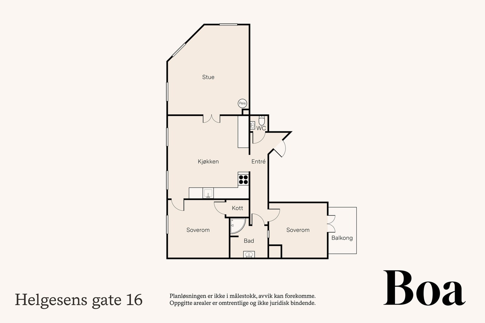 Innhold: Entré, separat toalett, bad, kjøkken med spisestue, stue og to soverom. Annet: Balkong på ca 2 kvm og en kjellerbod på 7 kvm. samt to boder på felles loft med gulvareal på henholdsvis 7,8 kvm og 8,2 kvm Galleribilde