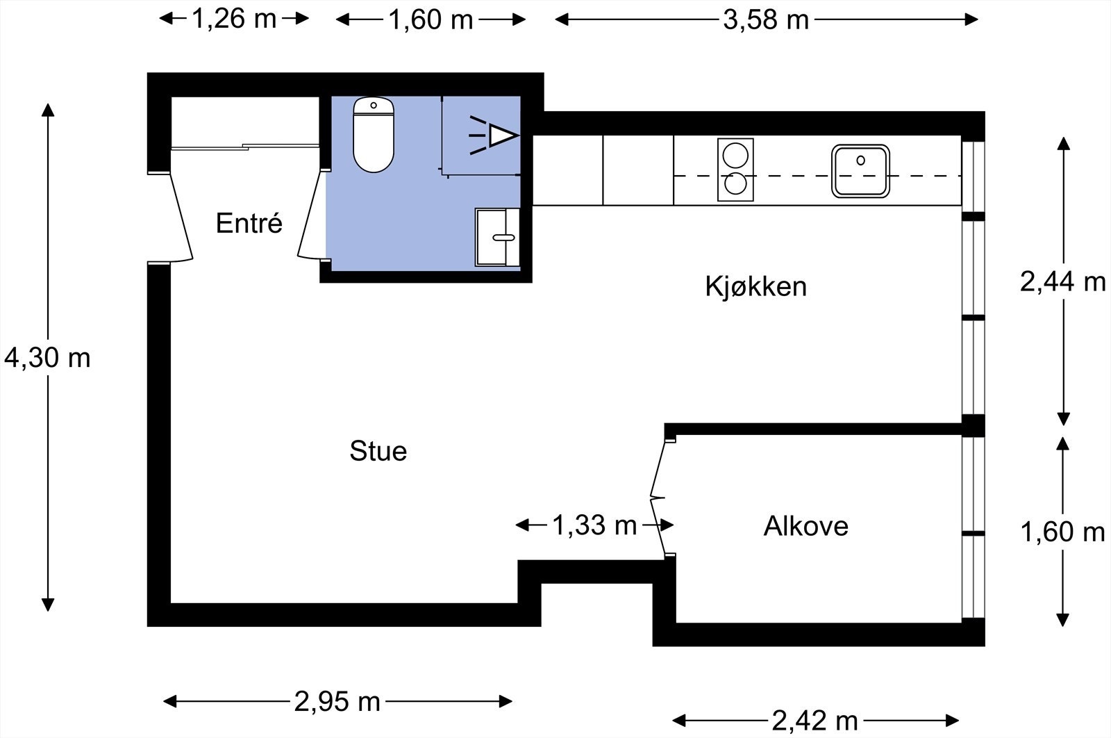 Leiligheten inneholder stue/kjøkken, entre og alkove. I tillegg disponerer leiligheten en kjellerbod. Galleribilde