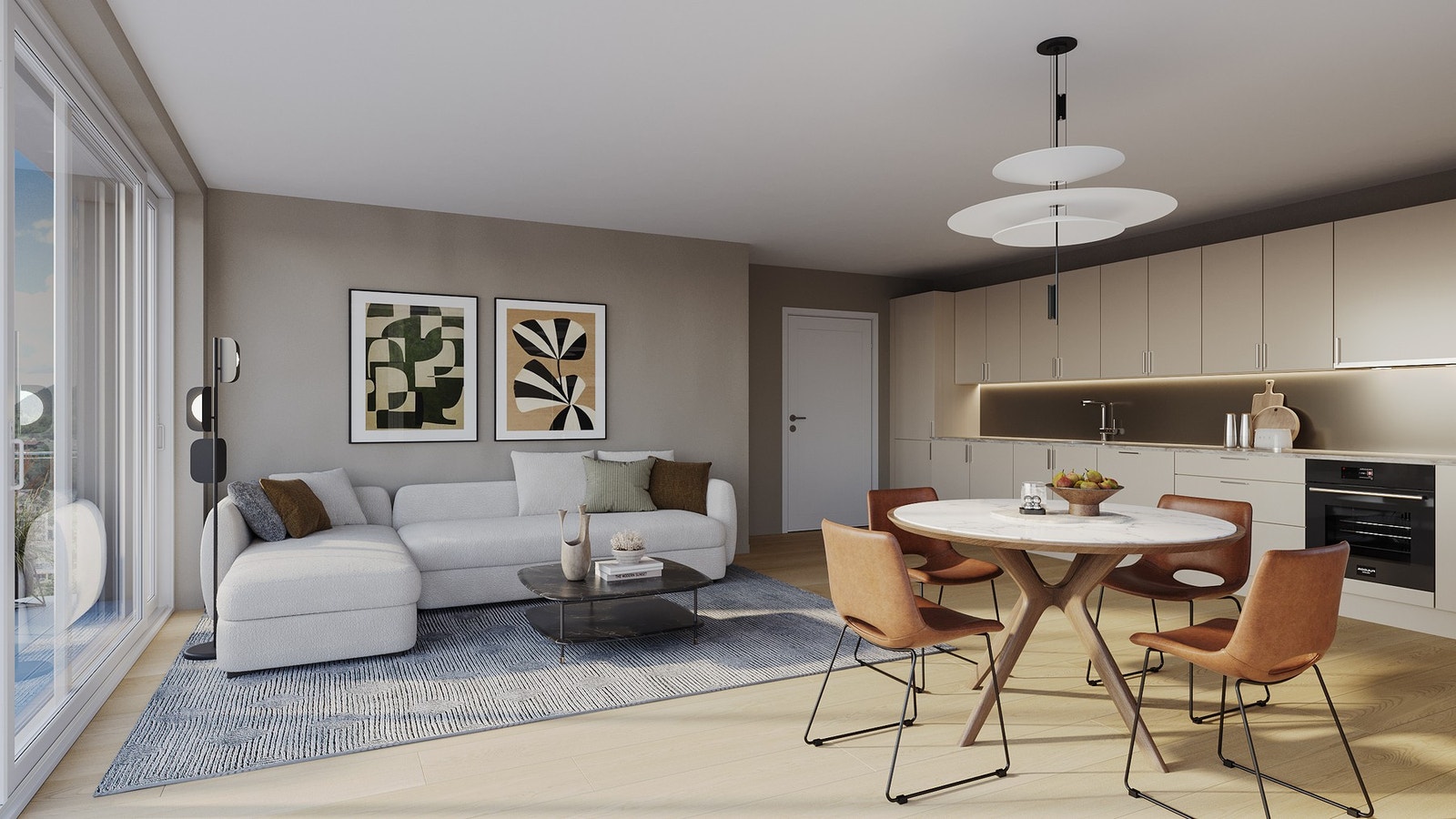 Boligen får en stor, vestvendt balkong på 15 kvm med gode solforhold på ettermiddagen. Illustrasjon av en annen leilighet, avvik vil forekomme. Galleribilde