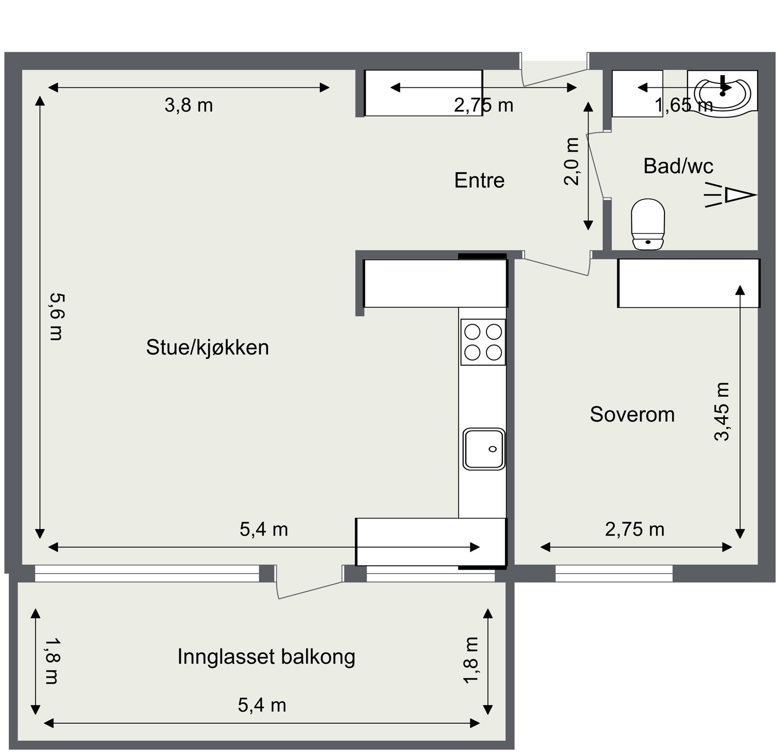 Innhold: Entré, bad/wc, soverom og stue/kjøkken. Galleribilde