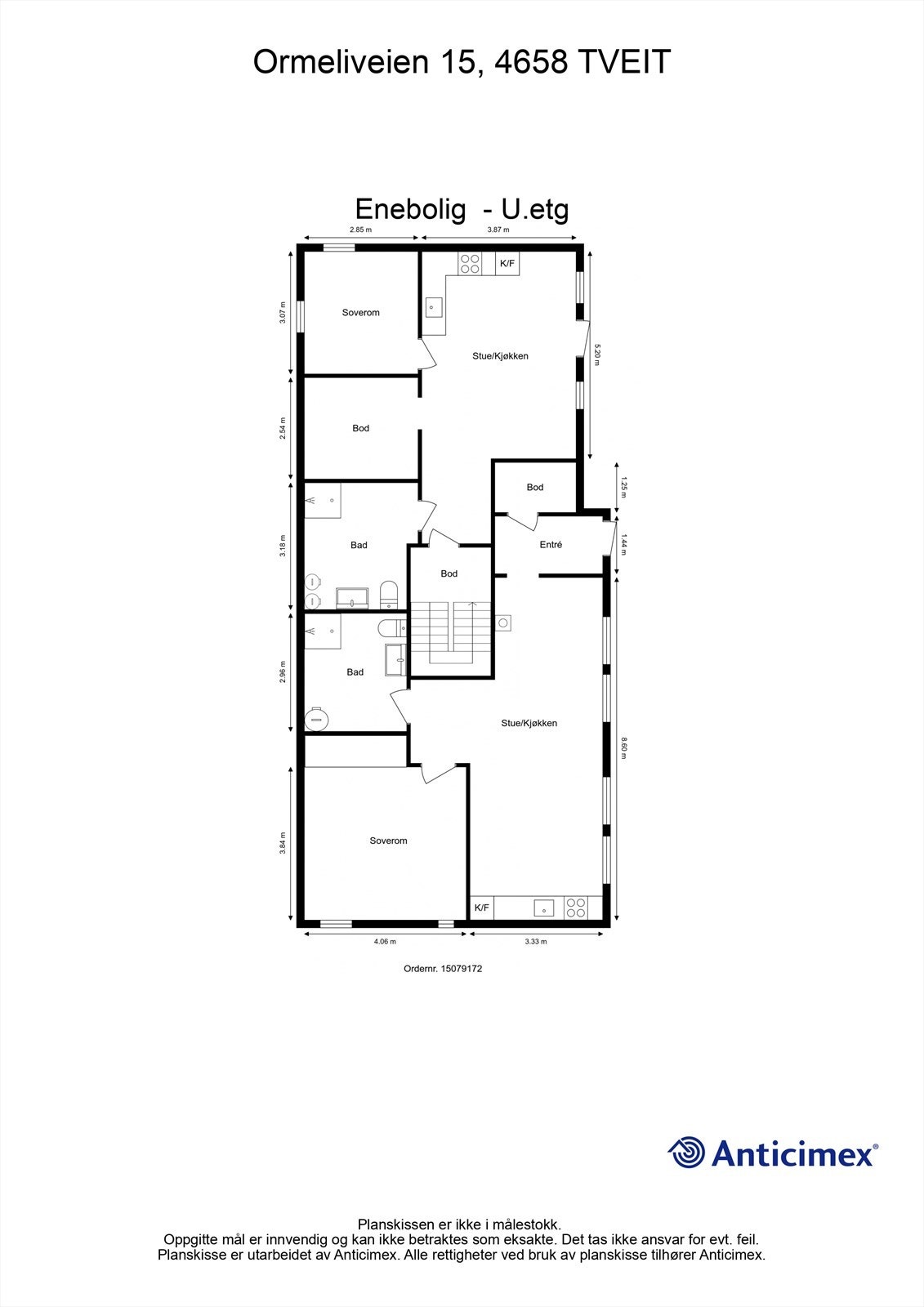 Plantegning - U.etg (hybeldel øverst fra tegning (ikke godkjent), leilighet nederst (godkjent) Galleribilde