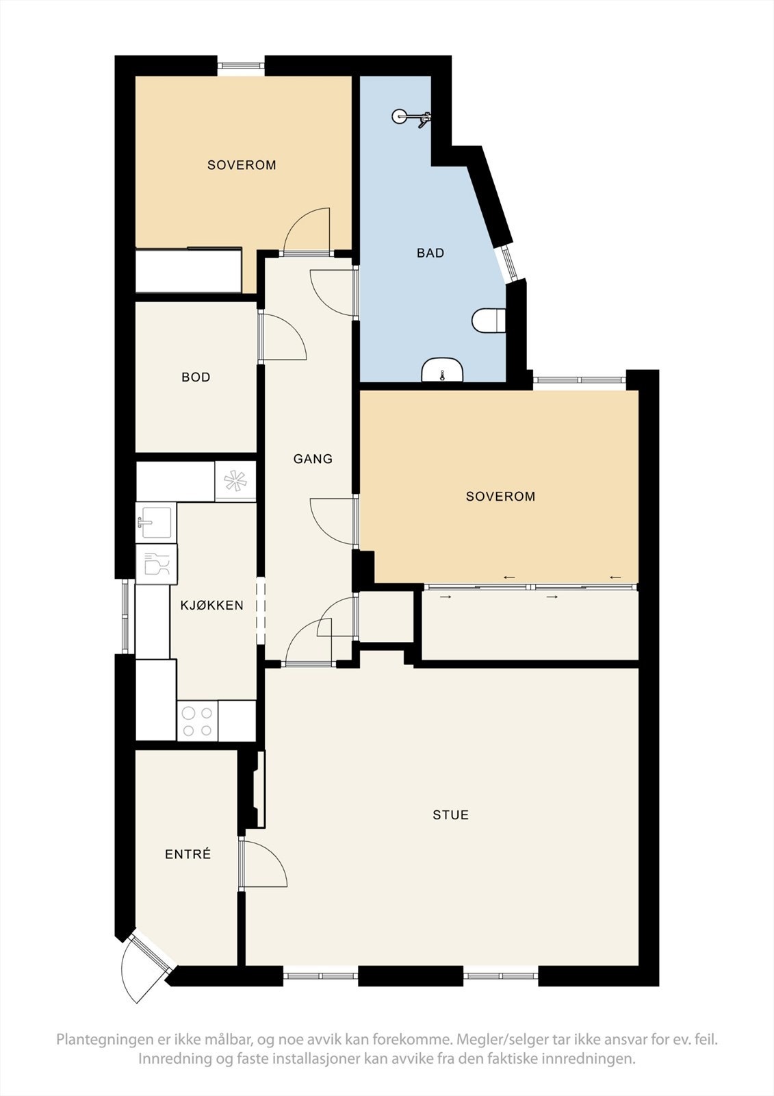 Plantegning. Det er her oppgitt to soverom. Det er bare ett av de som er godkjent. Galleribilde