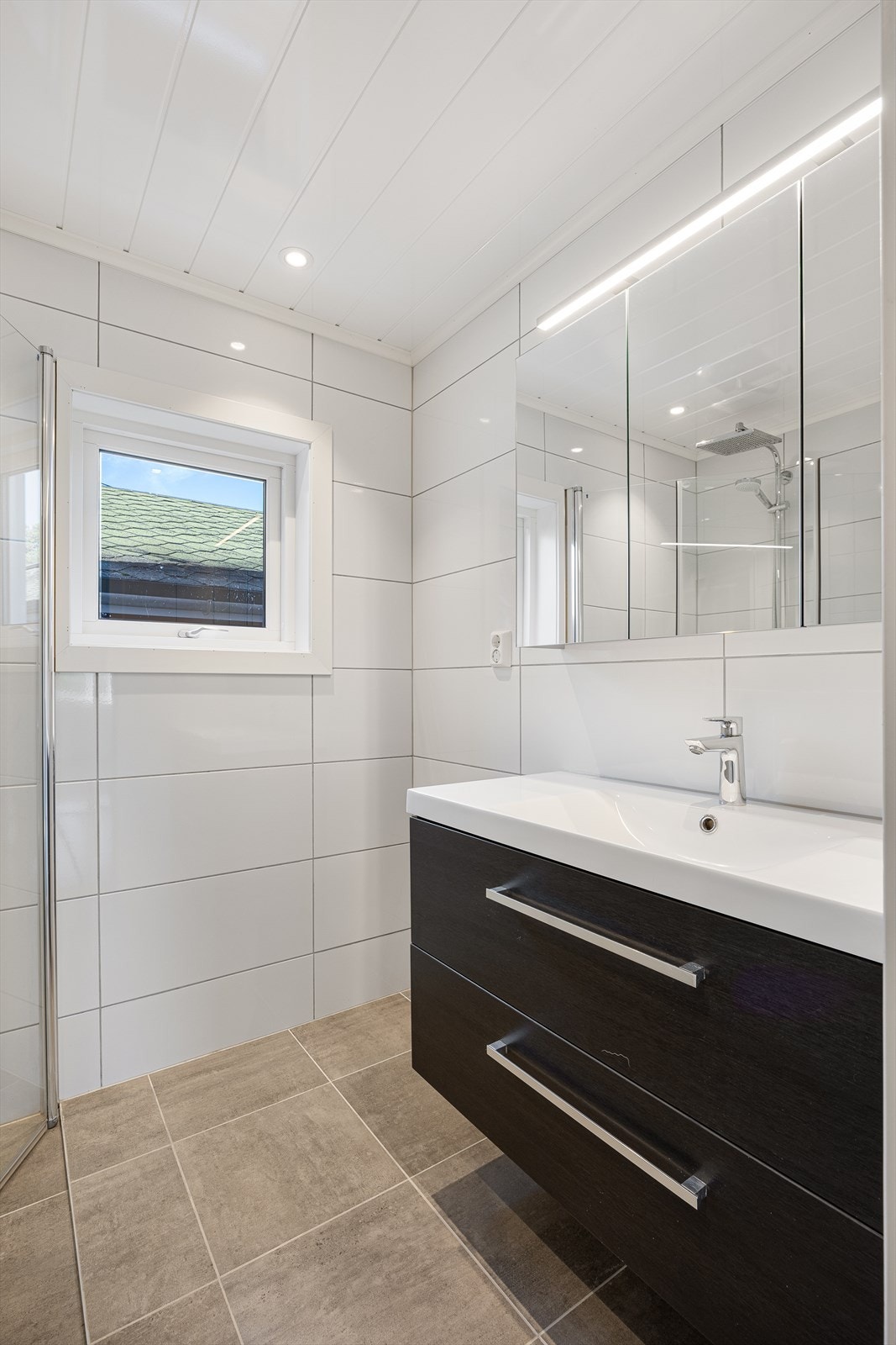 Rommet er utstyrt med veggmontert toalett, dusjnisje og baderomsinnredning med speilskap. Galleribilde