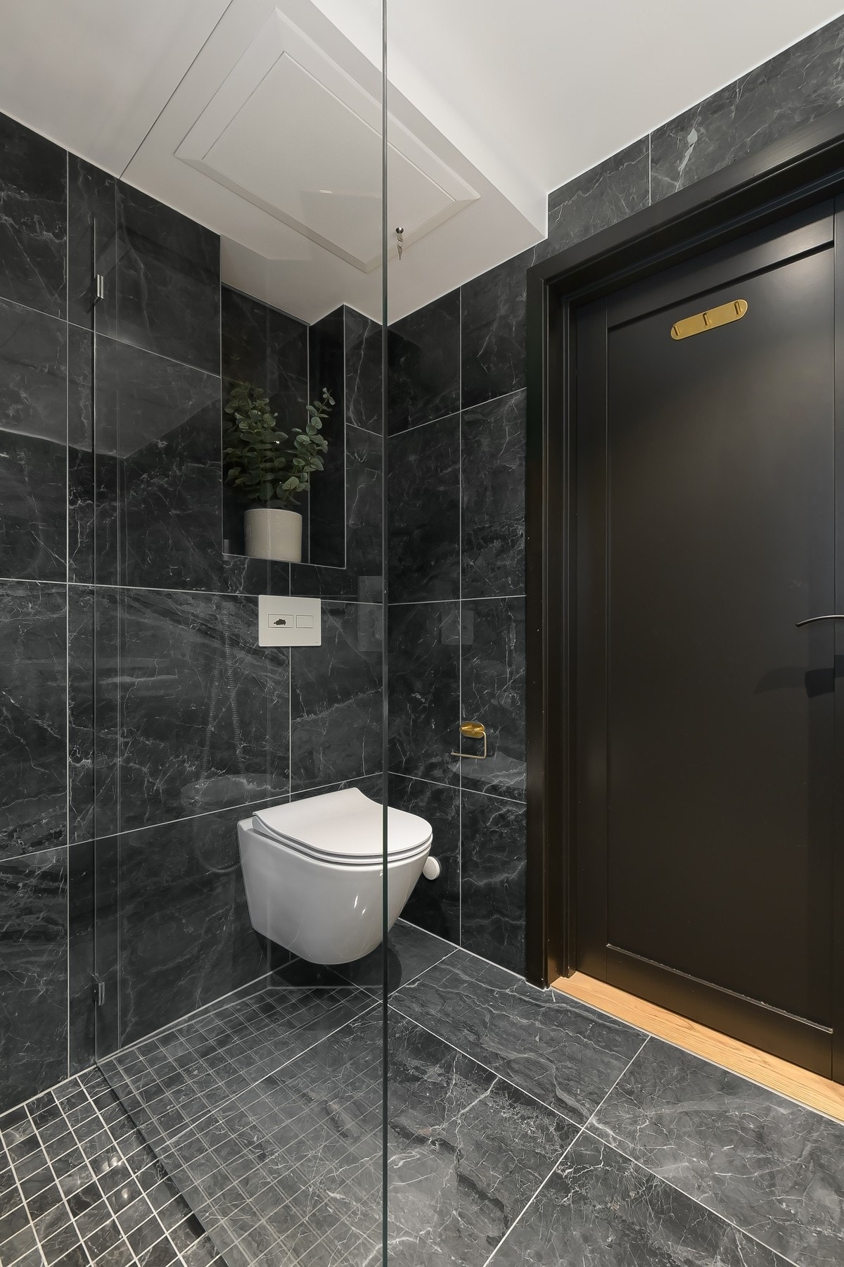 Vegghengt toalett og praktisk veggnisje for oppbevaring. Galleribilde