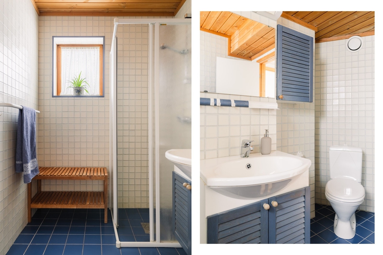 Bad i underetasjen med dusj, servantinnredning og WC. Praktisk planløsning og en god tilleggskvalitet når boligen har bad på flere plan. Galleribilde