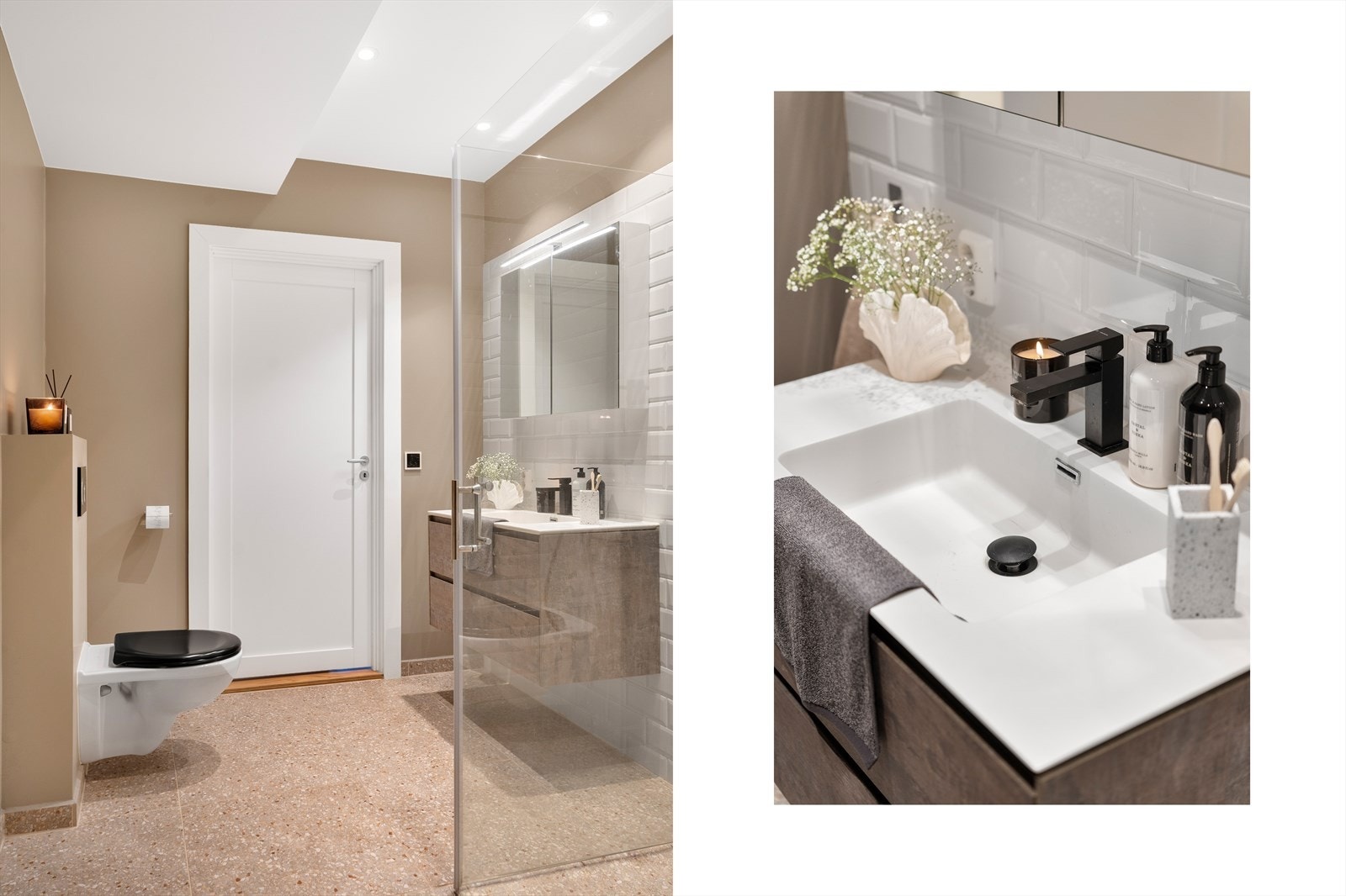 Rålekkert bad som har fliser med stein-mønster på gulv og hvite, moderne fliser på vegg. Galleribilde