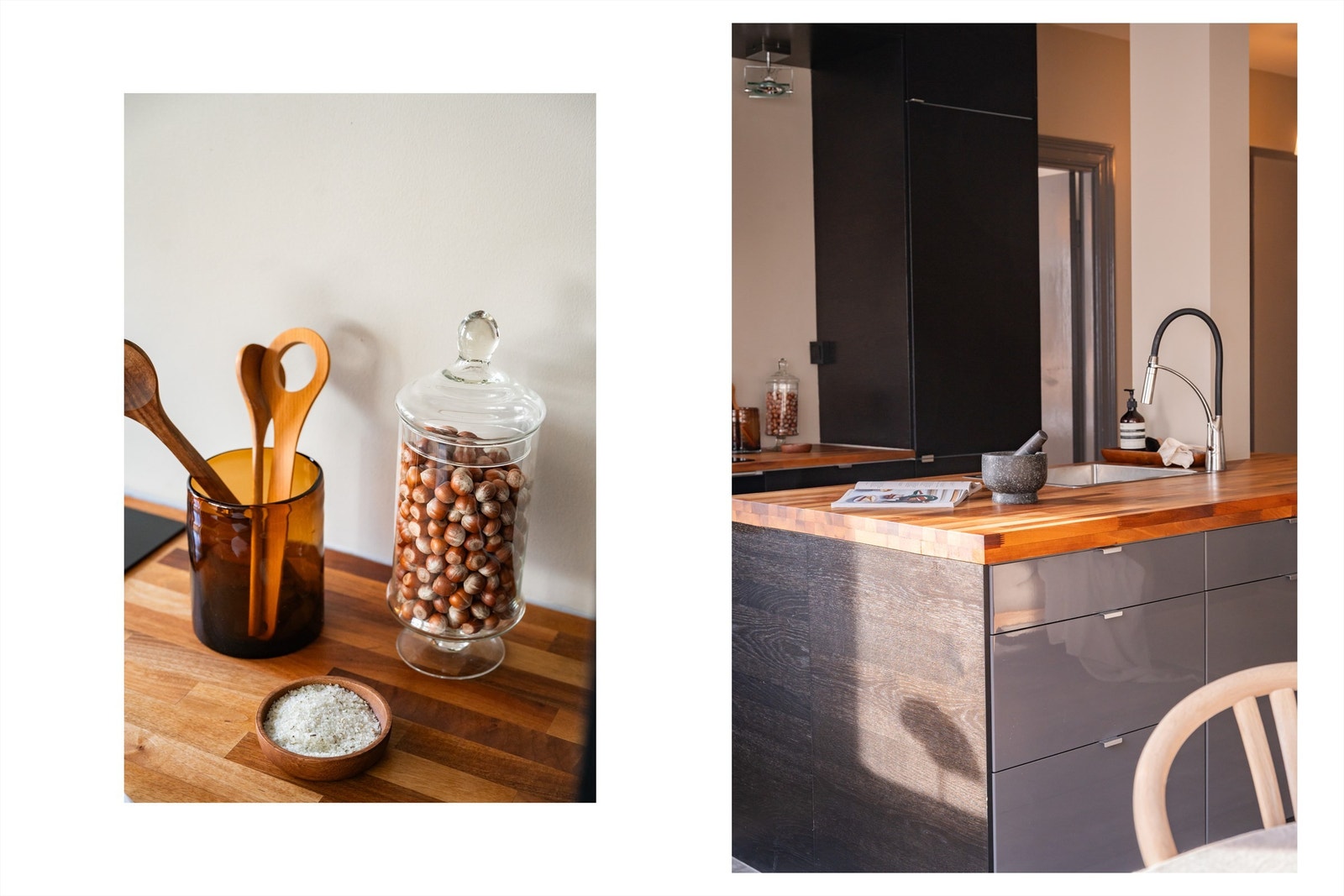 Benkeplaten i heltre gir en varm kontrast til de moderne, glatte frontene. Galleribilde