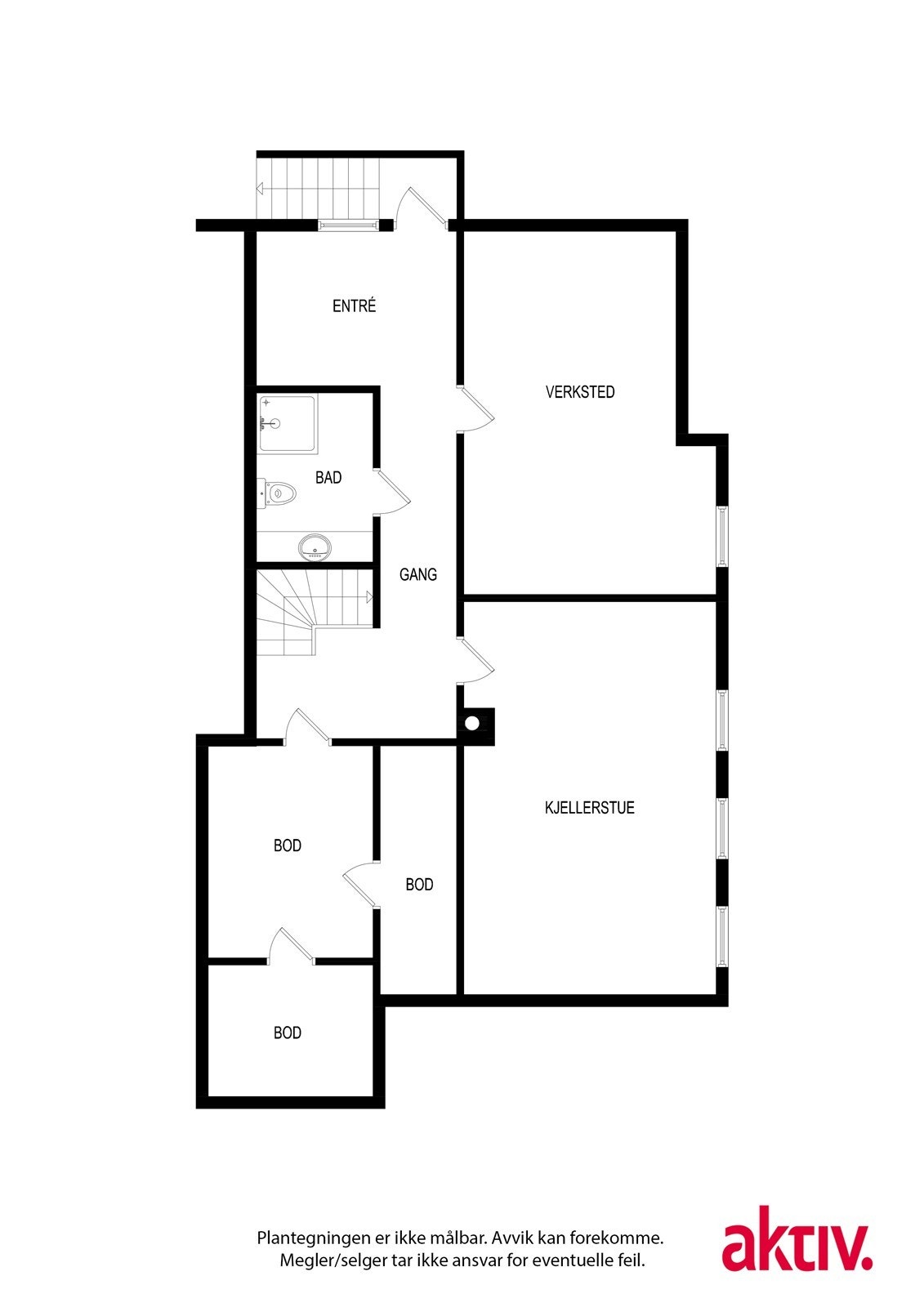 Kjelleren inneholder en kjellerstue og verksted, samt flere boder for ekstra lagring. Egen inngang for mulig hybel? Galleribilde